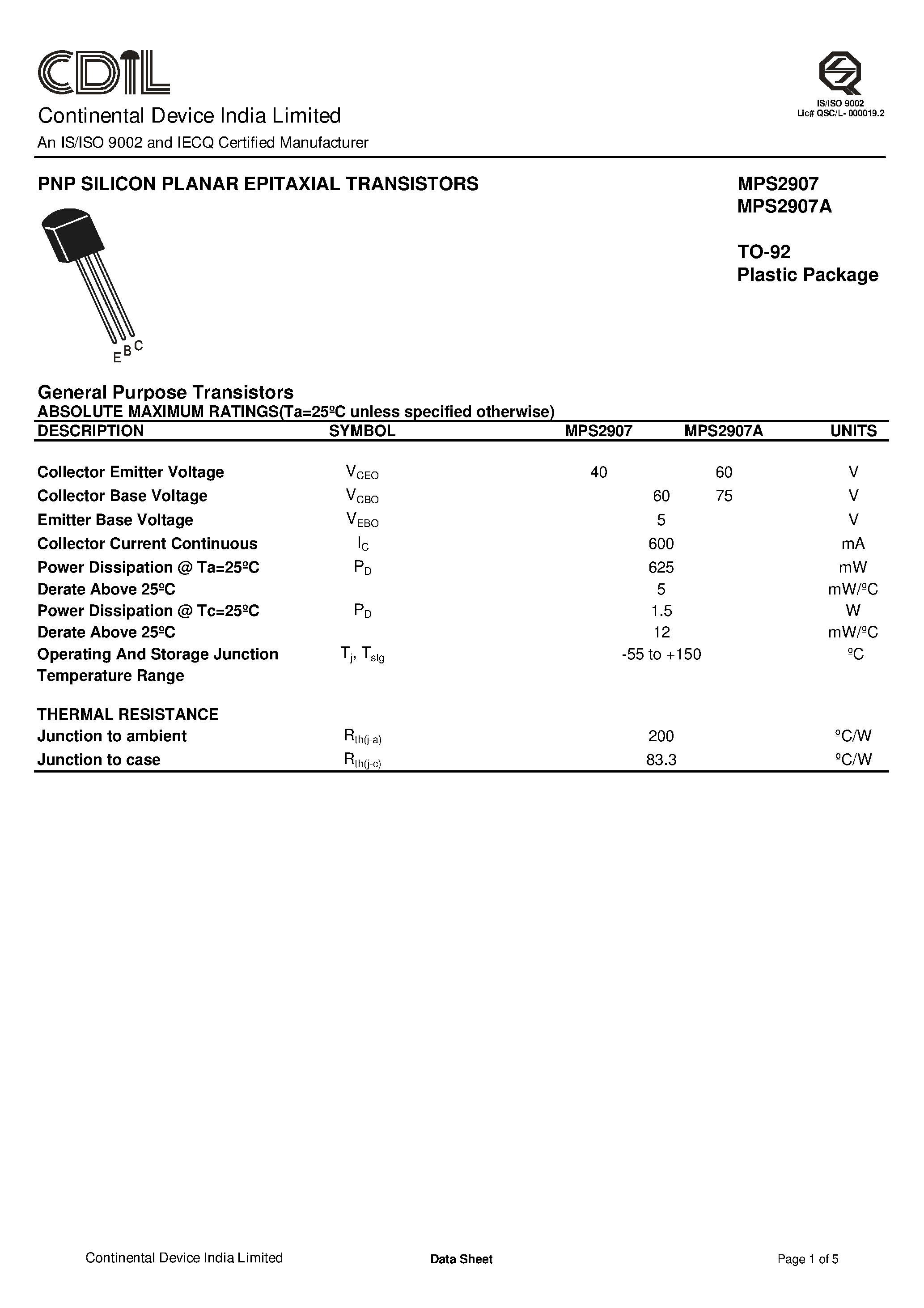 Datasheet MPS2907 page 1 Datasheet MPS2907 - PNP Silicon Planar Epitaxial Transistors page 1
