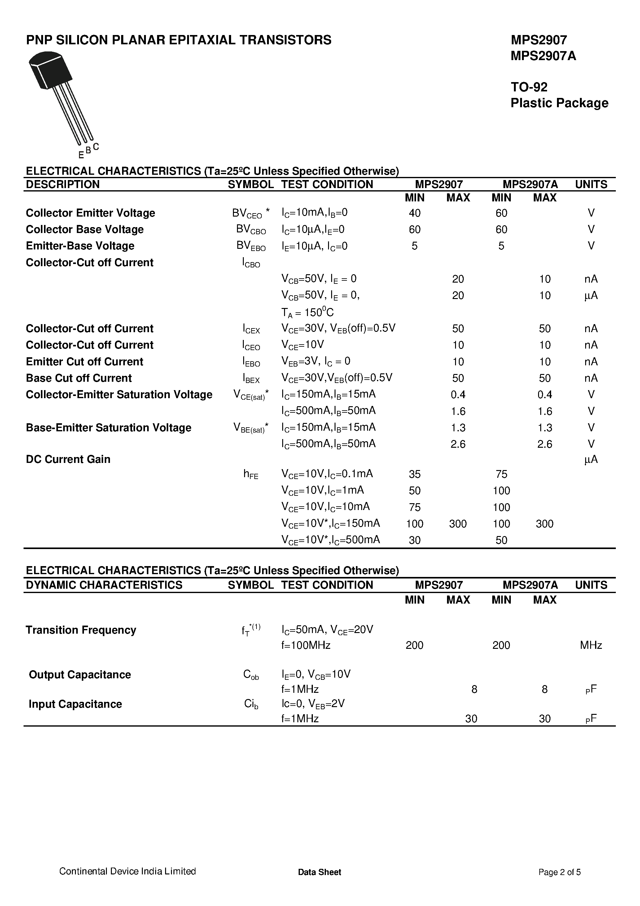 Datasheet MPS2907 page 2 Datasheet MPS2907 - PNP Silicon Planar Epitaxial Transistors page 2