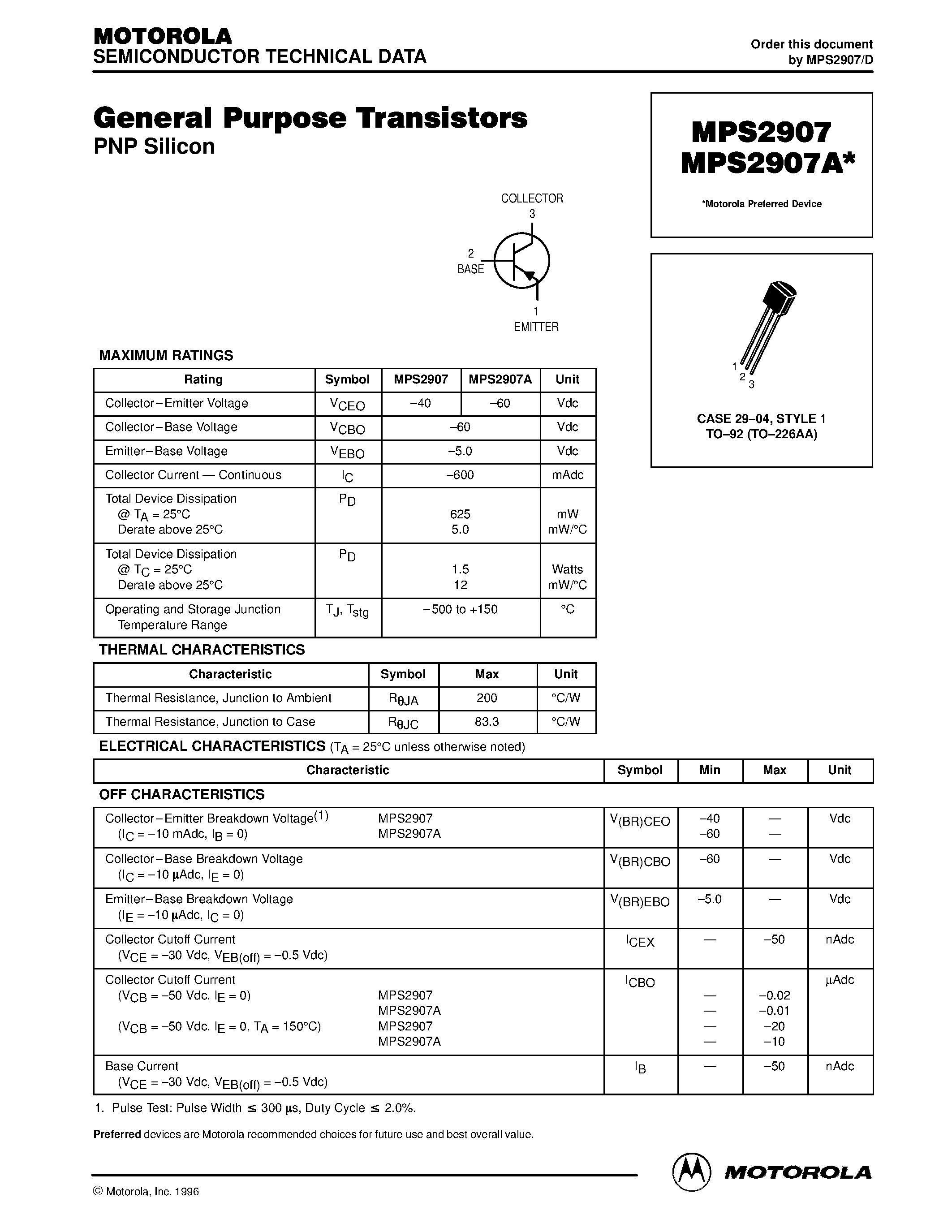 Datasheet MPS2907 page 1 Datasheet MPS2907 - General Purpose Transistors page 1