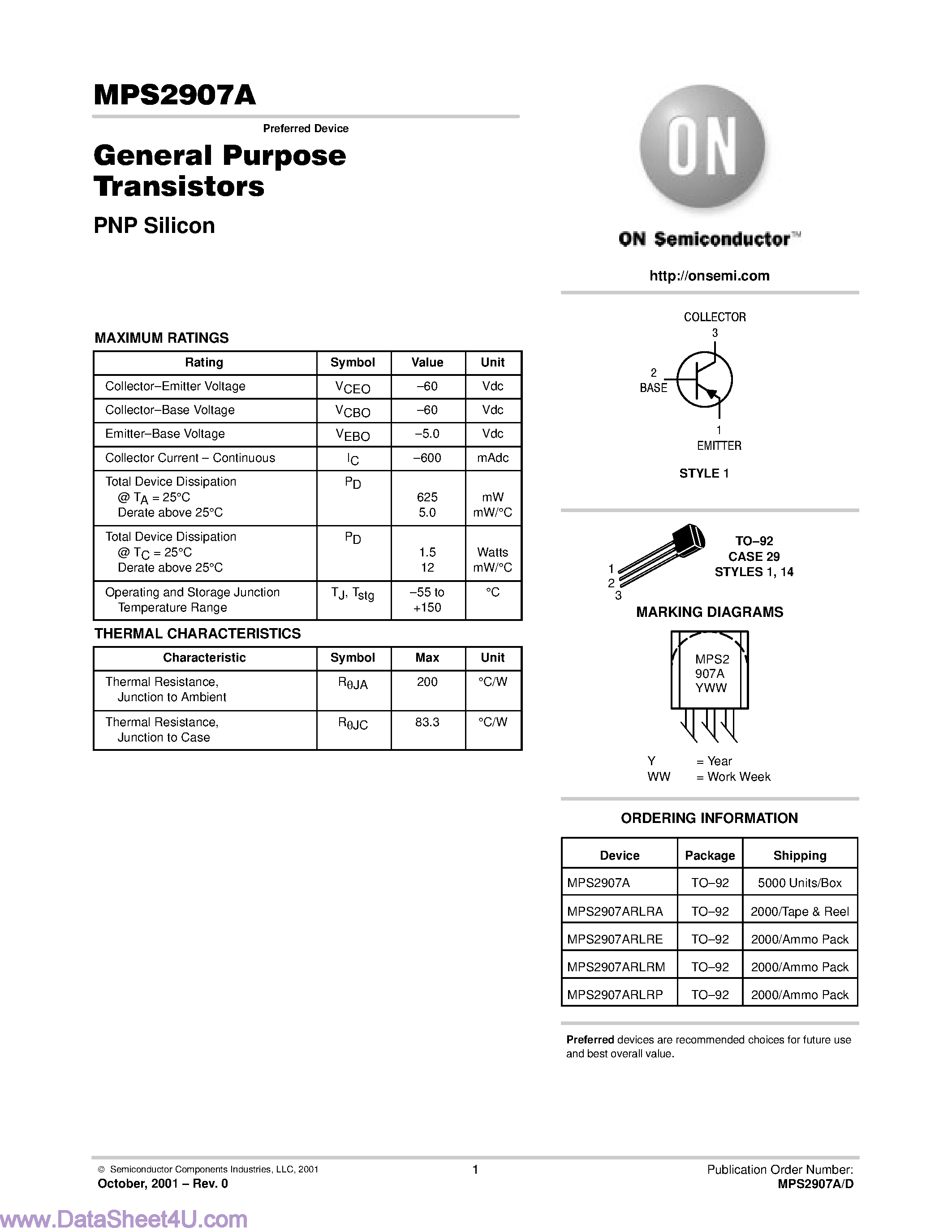 Datasheet MPS2907A page 1 Datasheet MPS2907A - General Purpose Transistors page 1