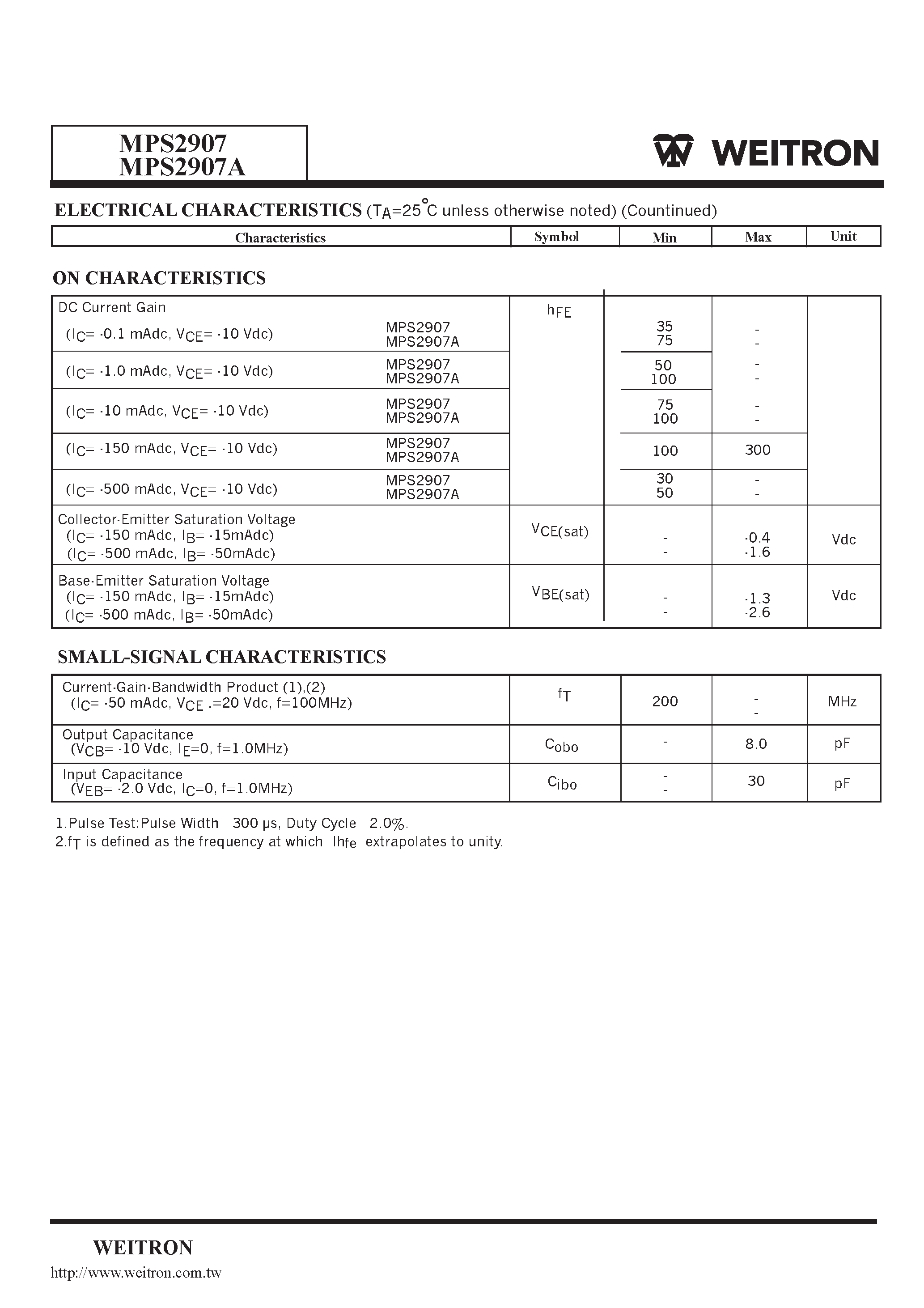 Datasheet MPS2907 page 2 Datasheet MPS2907 - PNP General Purpose Transistors page 2