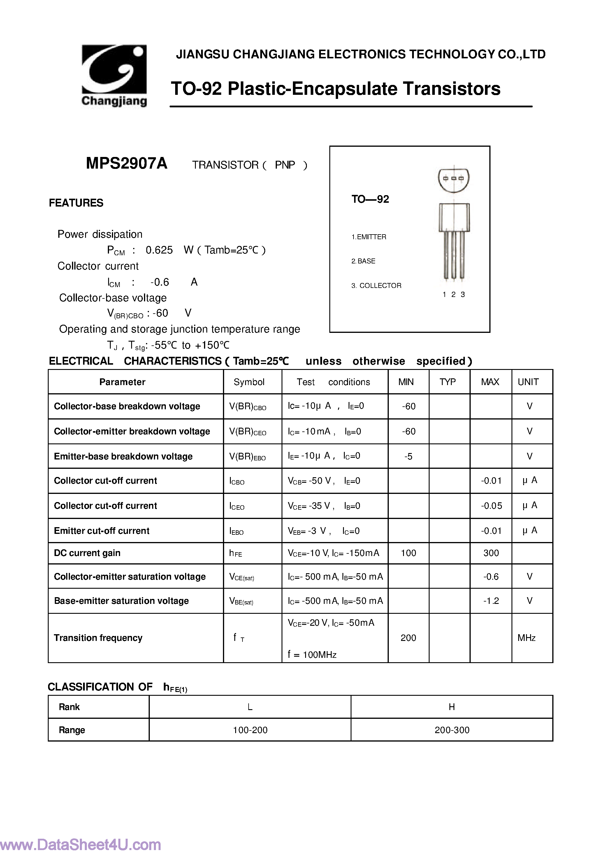 Datasheet MPS2907A page 1 Datasheet MPS2907A - PNP General Purpose Transistors page 1