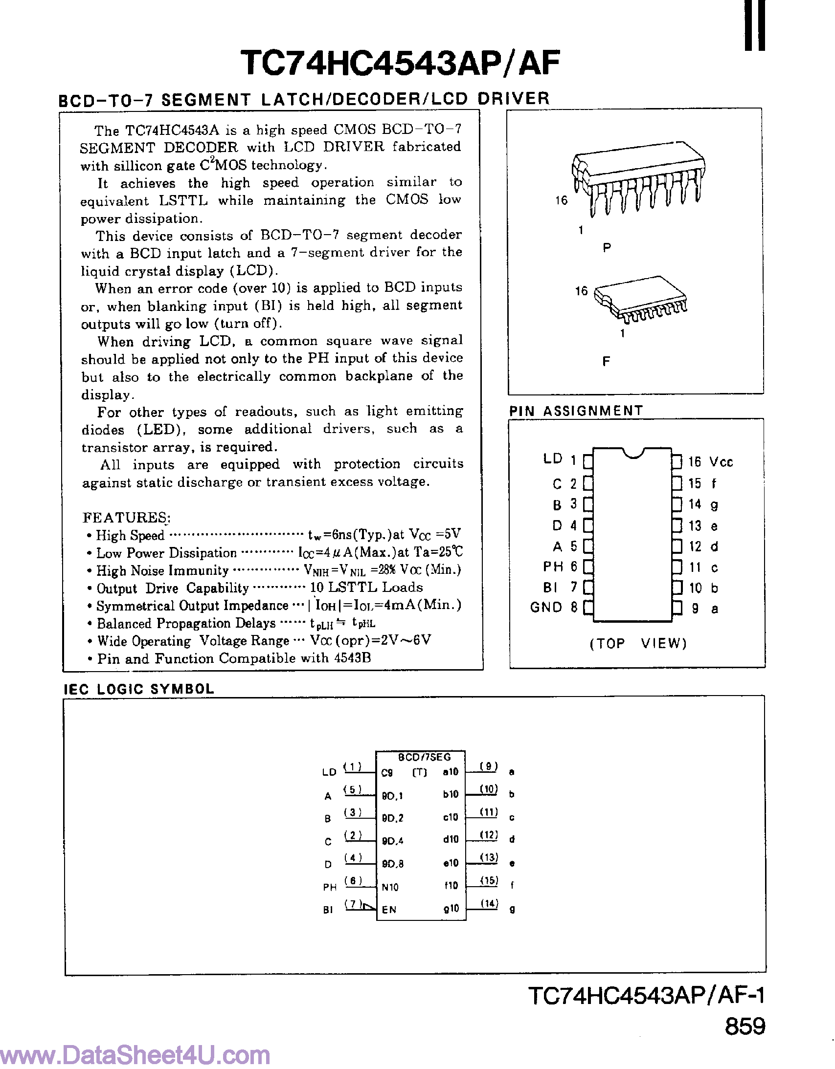 Datasheet TC74HC4543AF - (TC74HC4543AP/AF) BCD-to-7 Segment Laych / Decoder / LCD Driver page 1