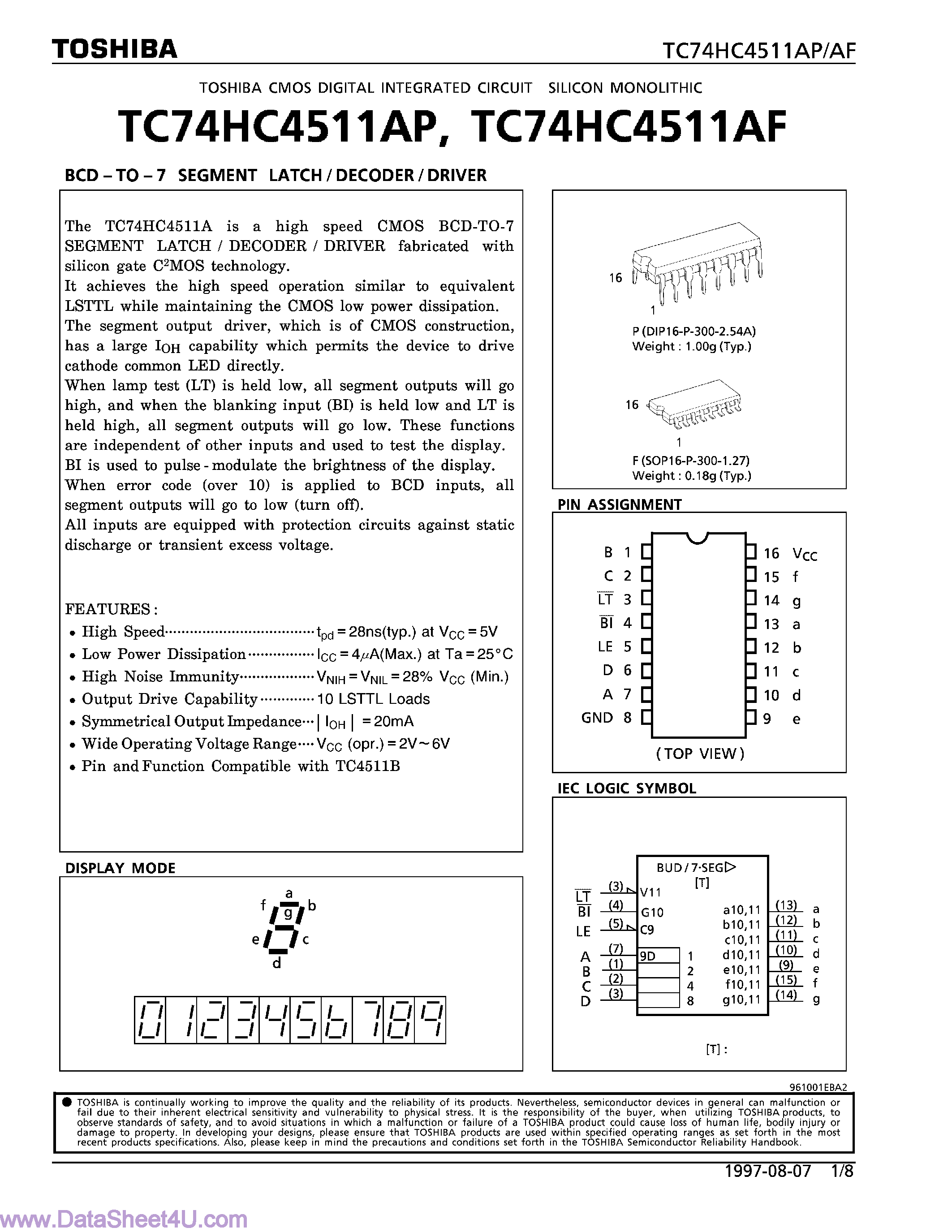Datasheet TC74HC4511AF - (TC74HC4511AF/AP) BCD-TO-7 SEGMENT LATCH/DECODER/DRIVER page 1