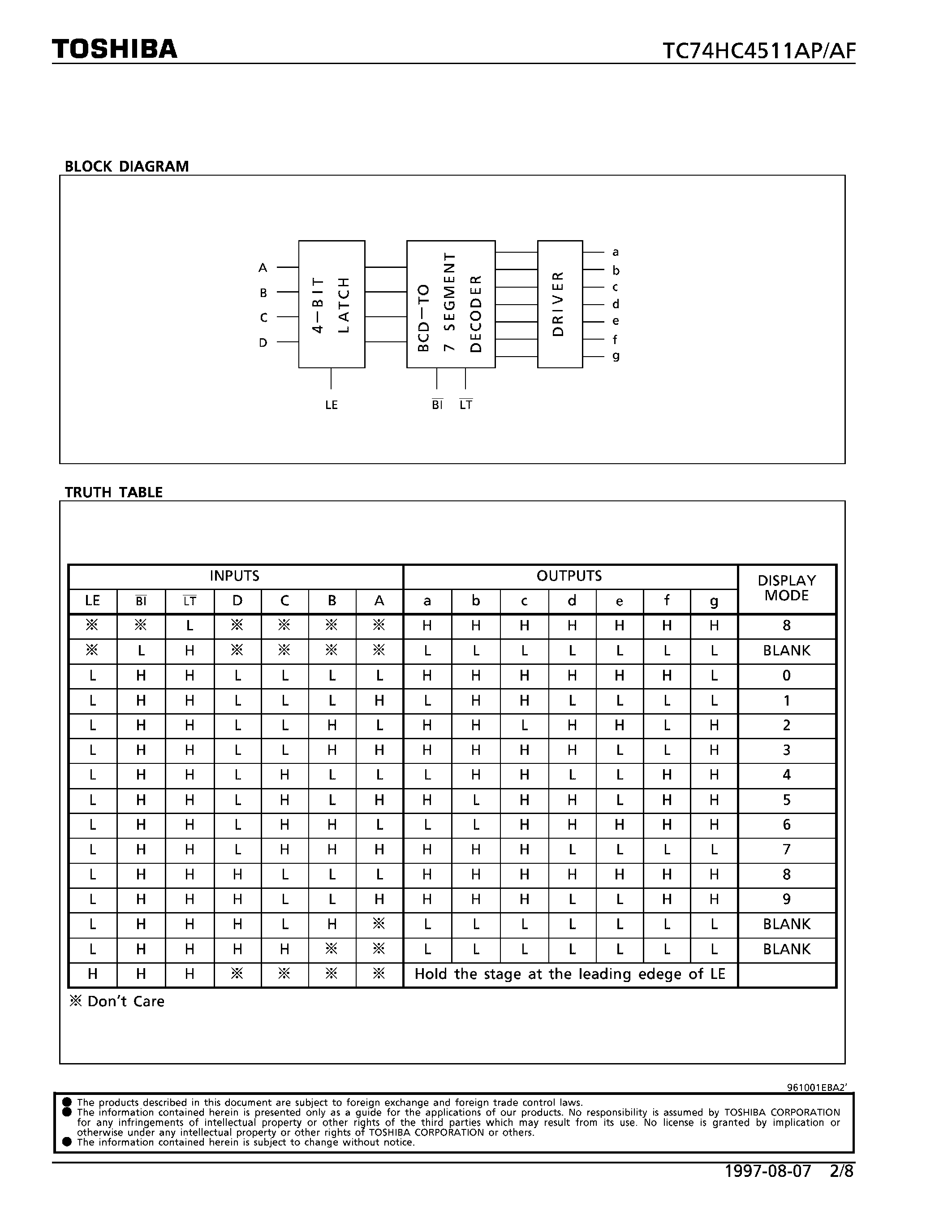 Datasheet TC74HC4511AF - (TC74HC4511AF/AP) BCD-TO-7 SEGMENT LATCH/DECODER/DRIVER page 2