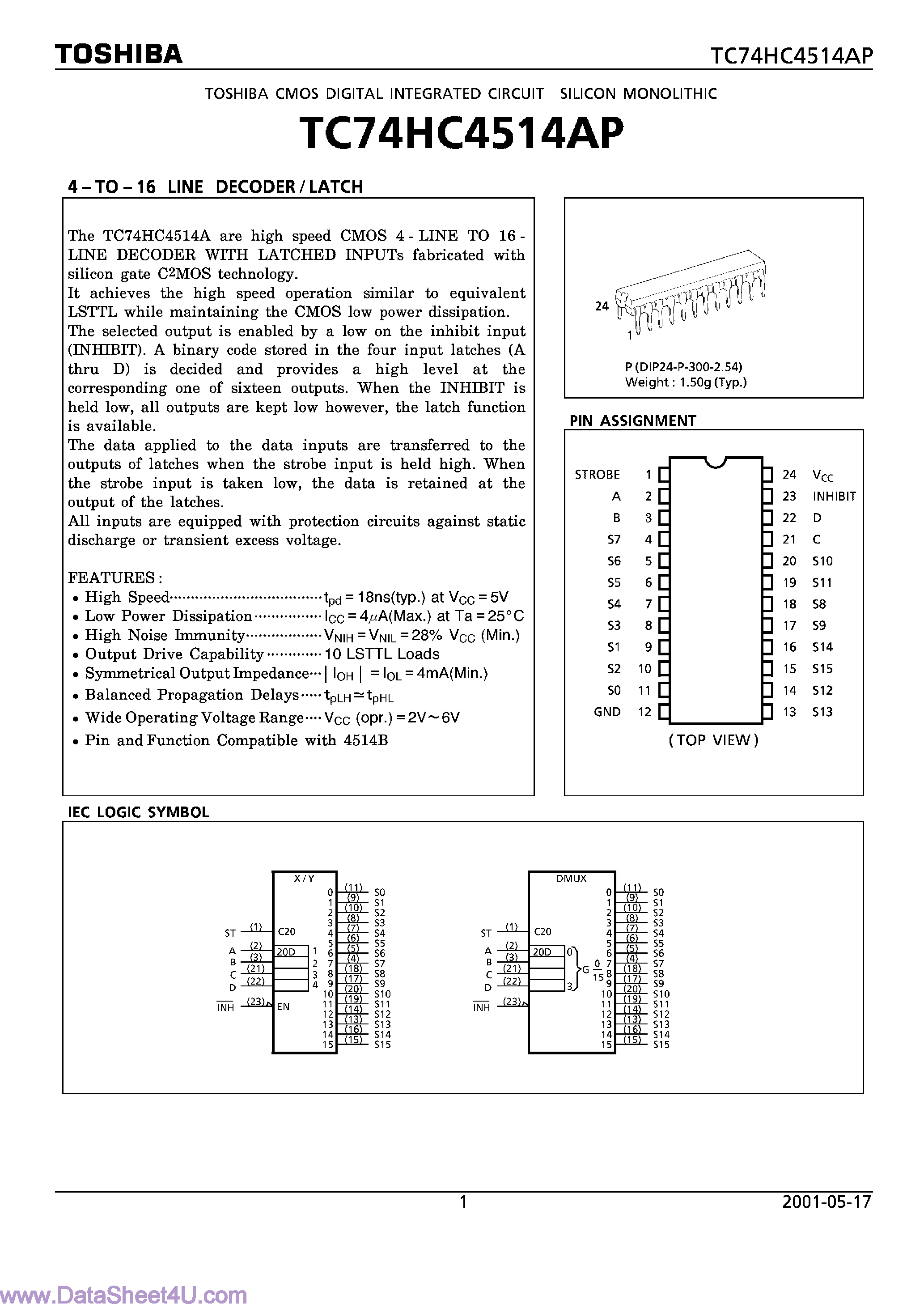 Datasheet TC74HC4514AP - 4-TO-16 LINE DECODER/LATCH page 1