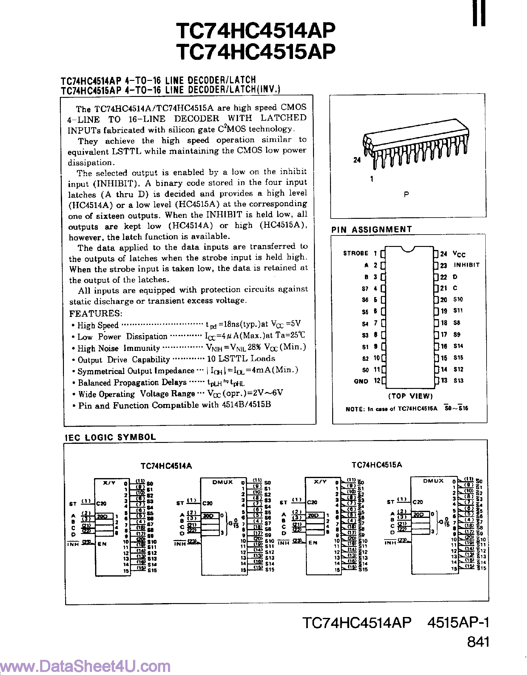 Datasheet TC74HC4514AP - (TC74HC4514AP / TC74HC4515AP) 4-to-16 Line Decoder / Latch page 1