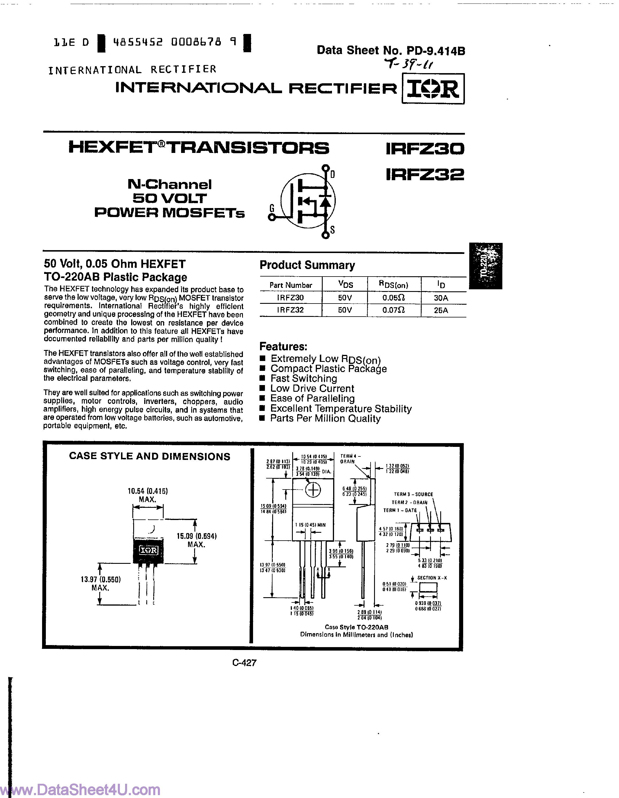 Datasheet IRFZ30 page 1 Datasheet IRFZ30 - (IRFZ30 / IRFZ32) N-Channel Power MOSFET page 1