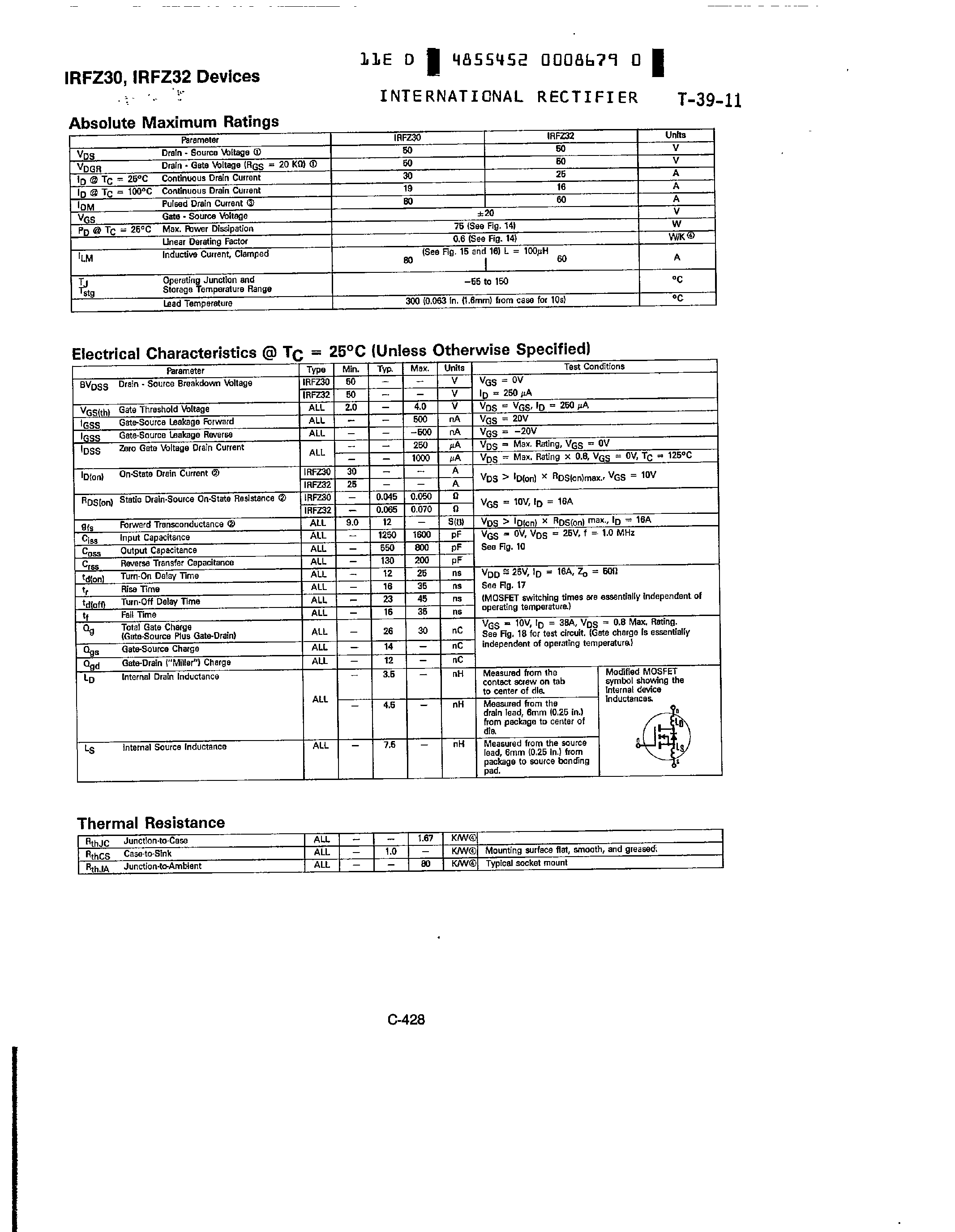 Datasheet IRFZ30 page 2 Datasheet IRFZ30 - (IRFZ30 / IRFZ32) N-Channel Power MOSFET page 2