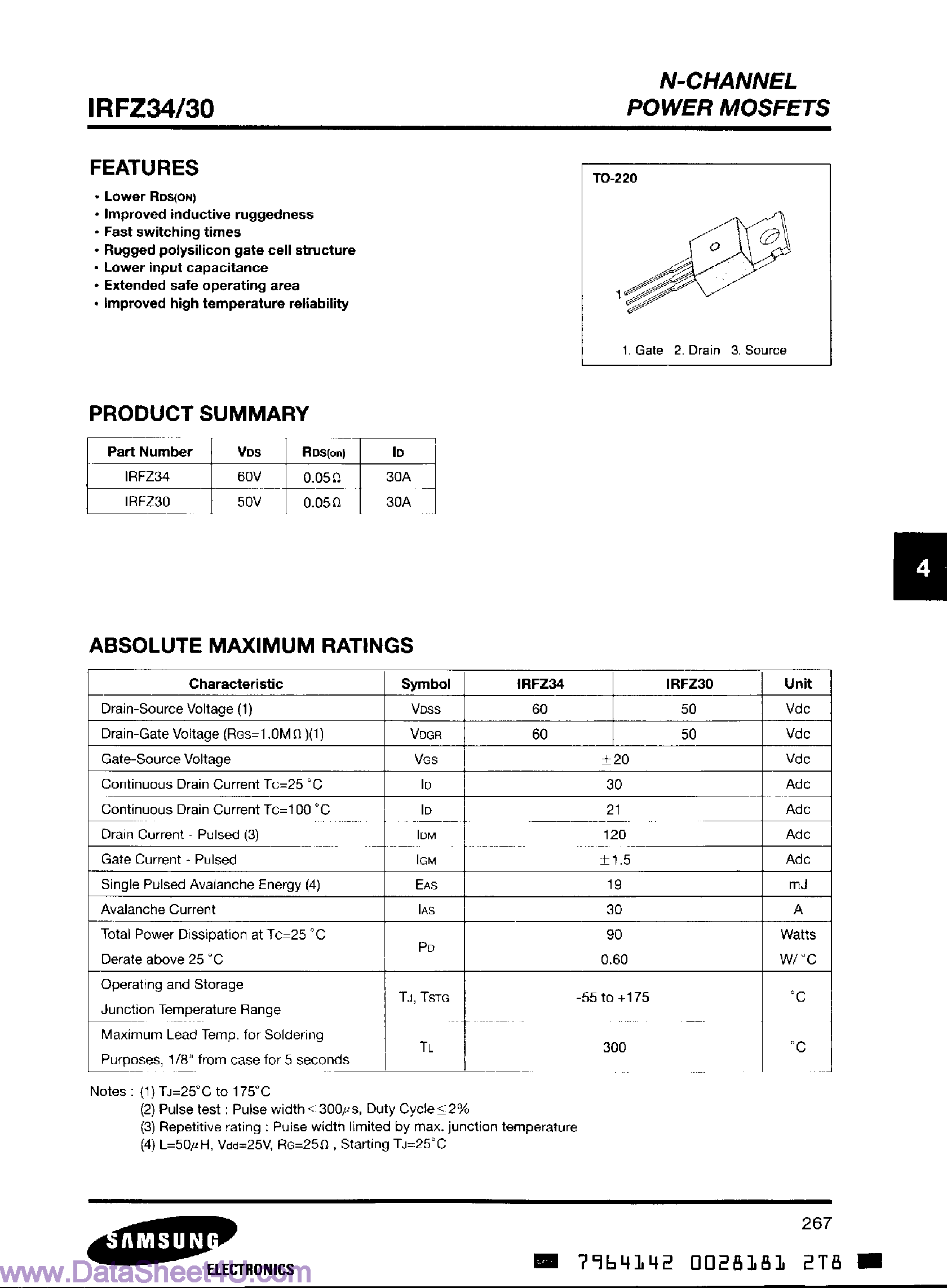 Datasheet IRFZ30 - (IRFZ30 / IRFZ34) N-Channel Power MOSFET page 1