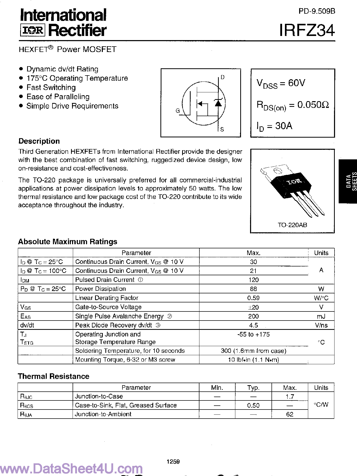 Datasheet IRFZ34 page 1 Datasheet IRFZ34 - Power MOSFET page 1