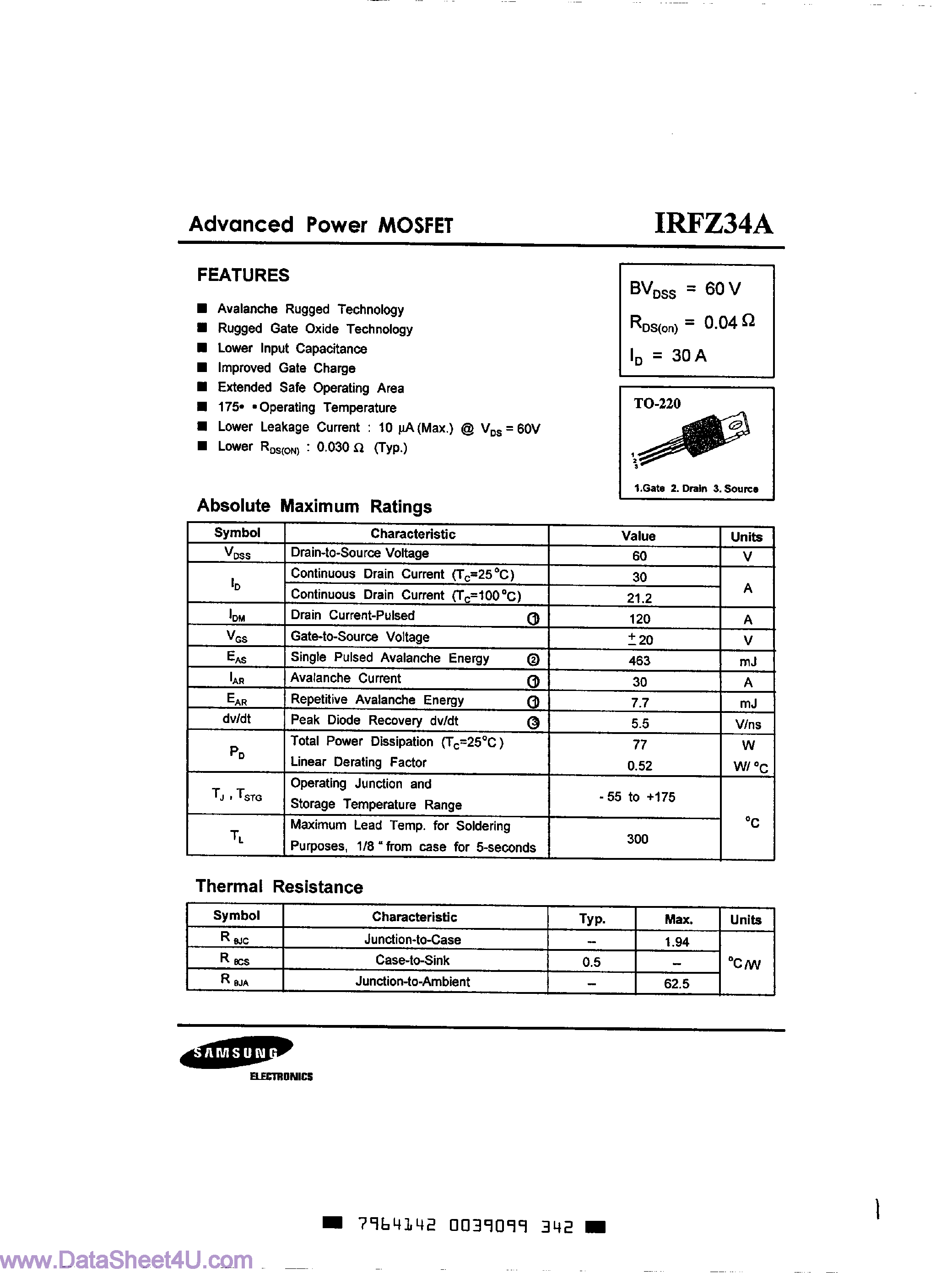 Datasheet IRFZ34A - Power MOSFET page 1