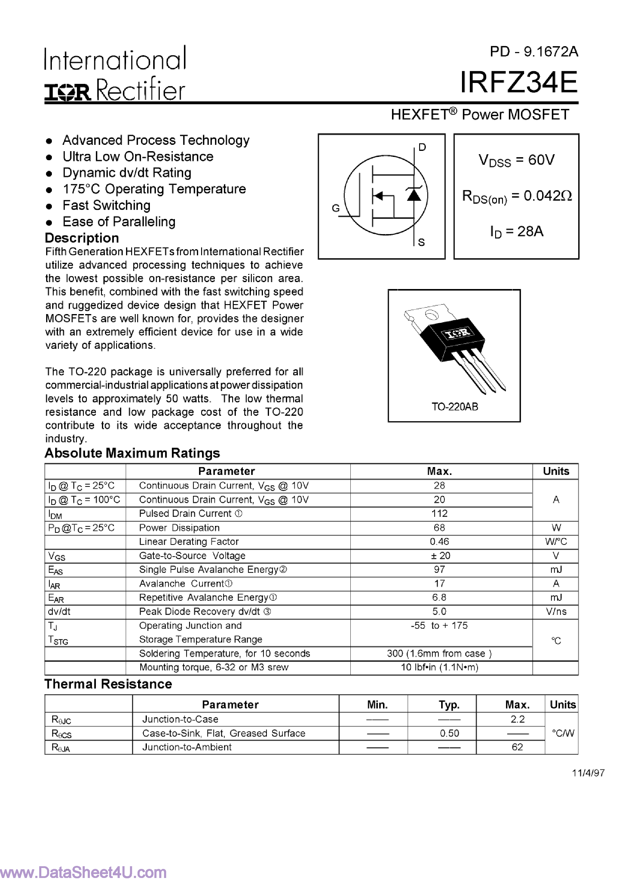 Datasheet IRFZ34E - HEXFET POWER MOSFET page 1