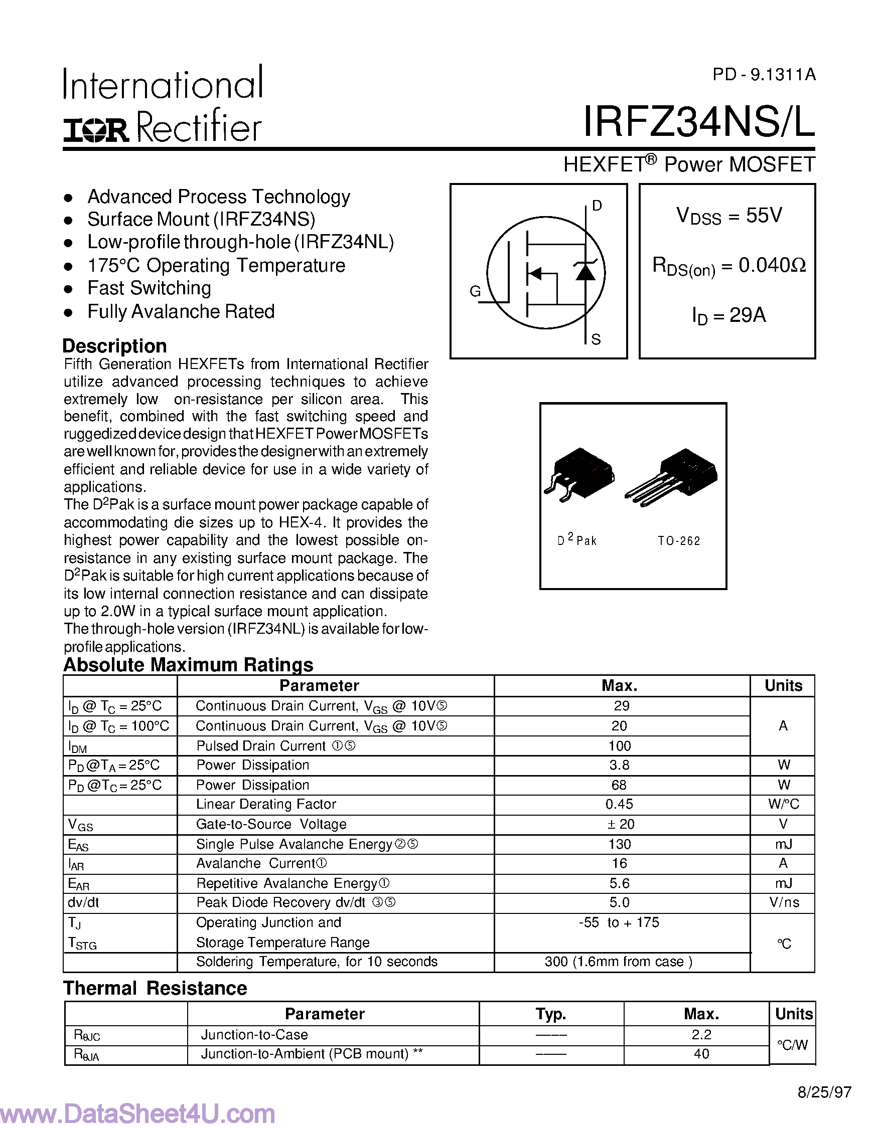 Datasheet IRFZ34NL page 1 Datasheet IRFZ34NL - (IRFZ34NS/L) Power MOSFET page 1