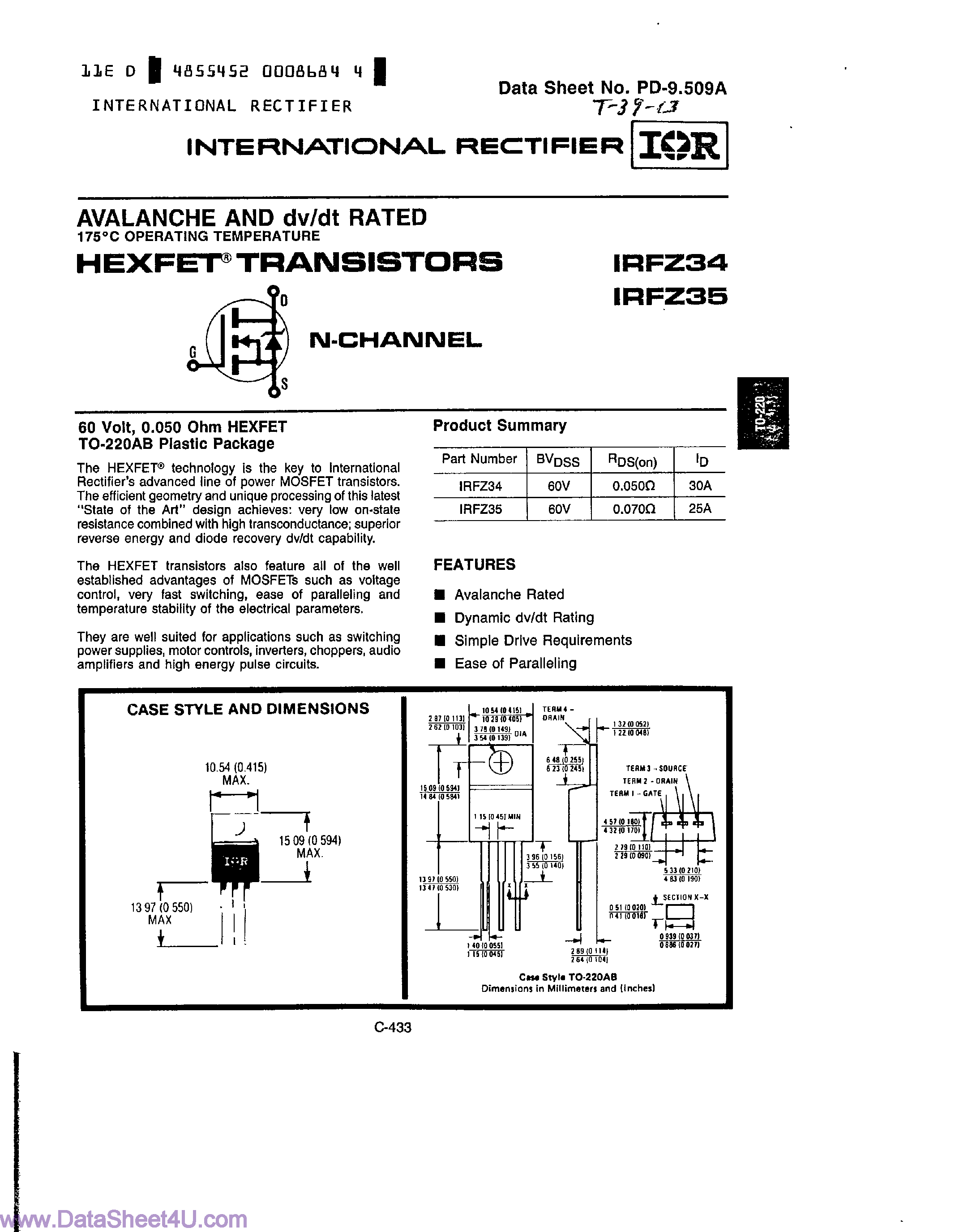 Datasheet IRFZ34 page 1 Datasheet IRFZ34 - (IRFZ34 / IRFZ35) N-Channel Transistors page 1
