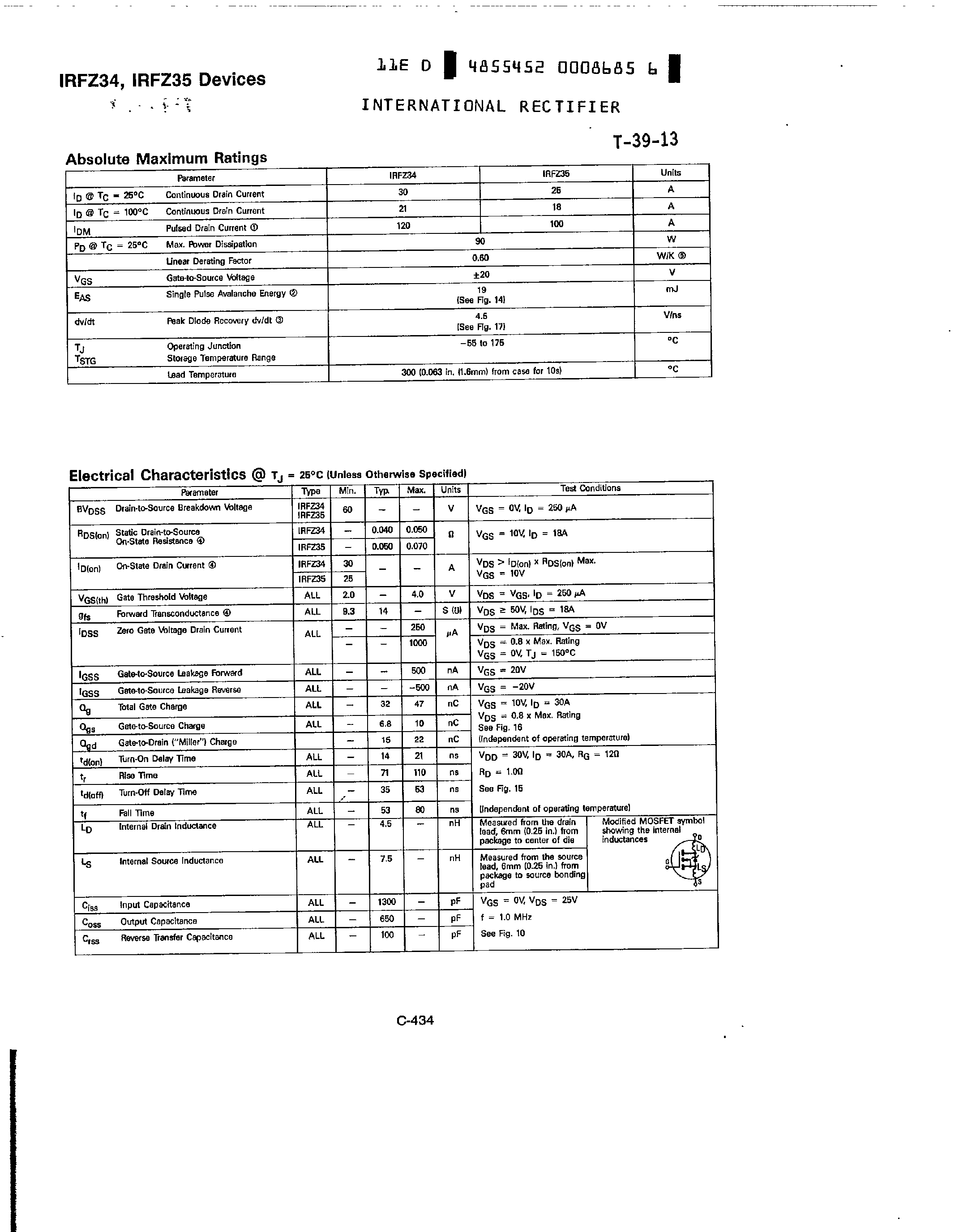 Datasheet IRFZ34 page 2 Datasheet IRFZ34 - (IRFZ34 / IRFZ35) N-Channel Transistors page 2
