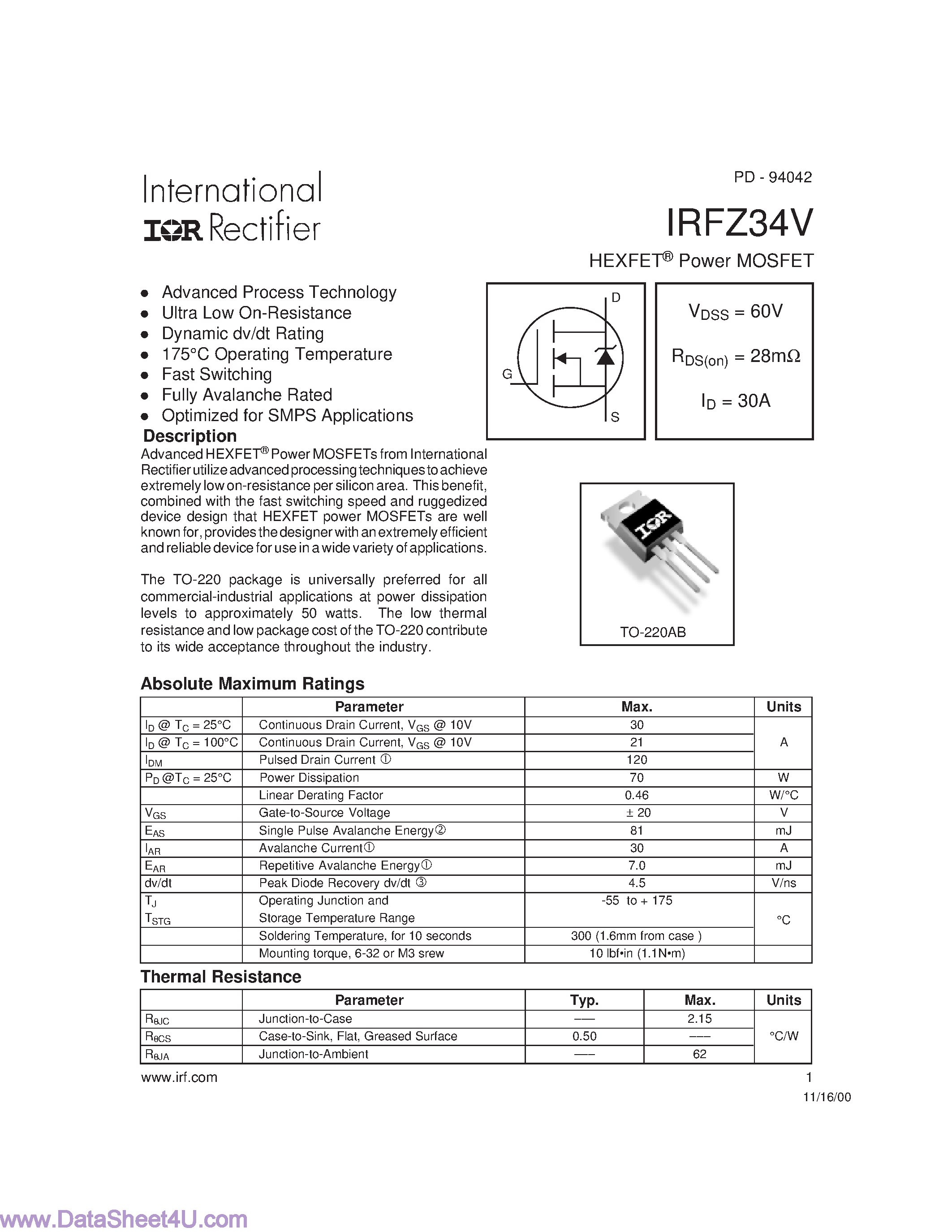 Datasheet IRFZ34V - Power MOSFET page 1