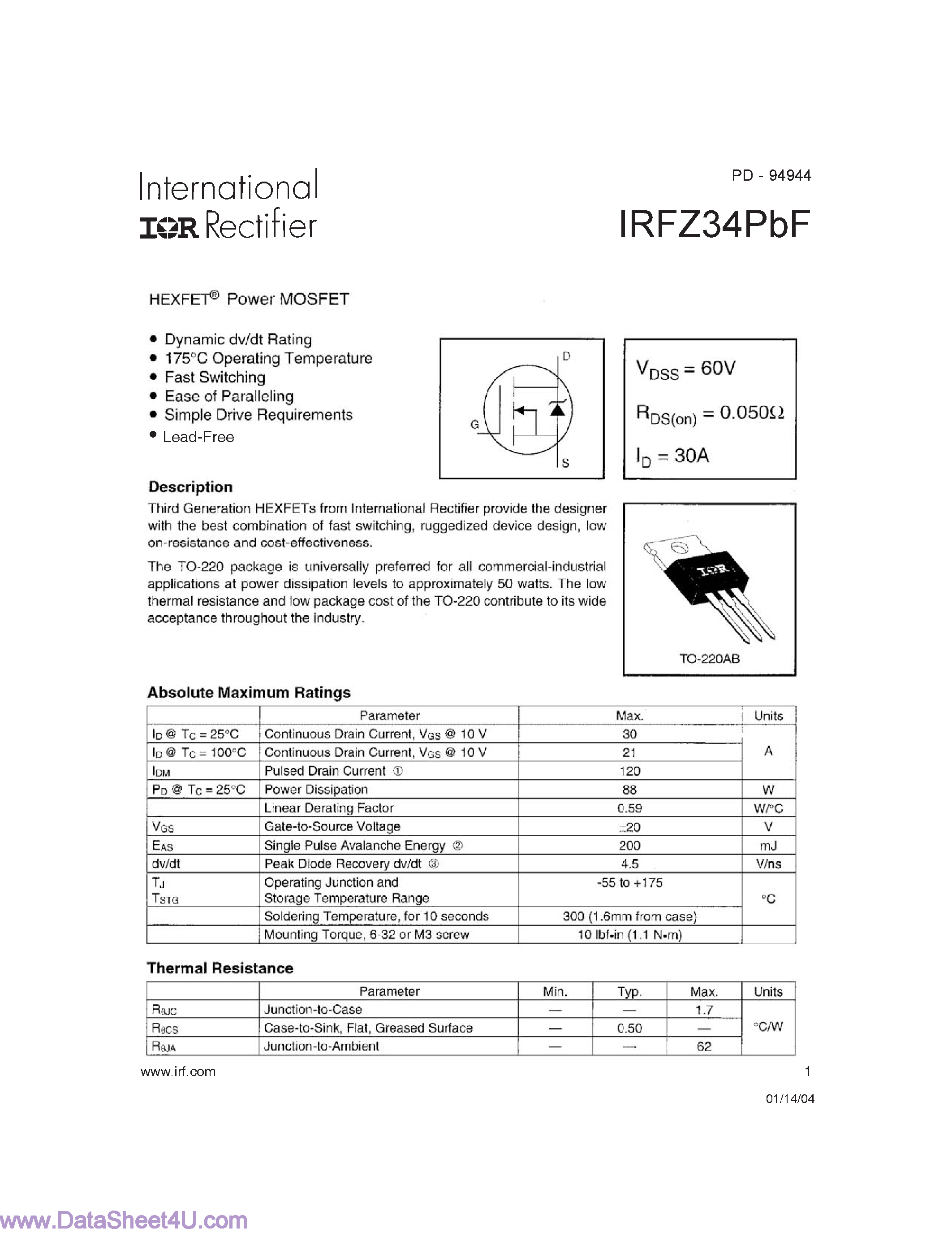 Datasheet IRFZ34PbF - Power MOSFET page 1