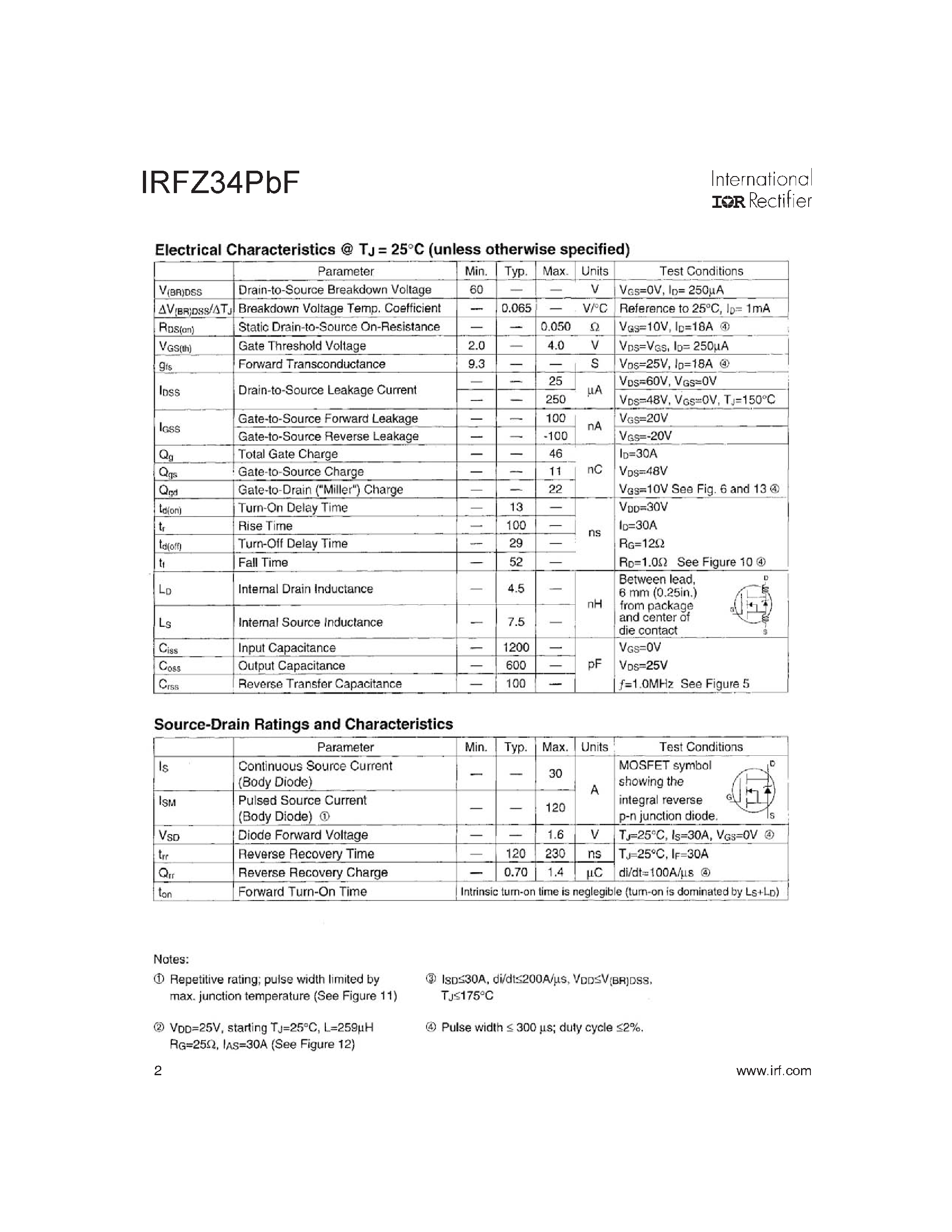 Datasheet IRFZ34PbF - Power MOSFET page 2