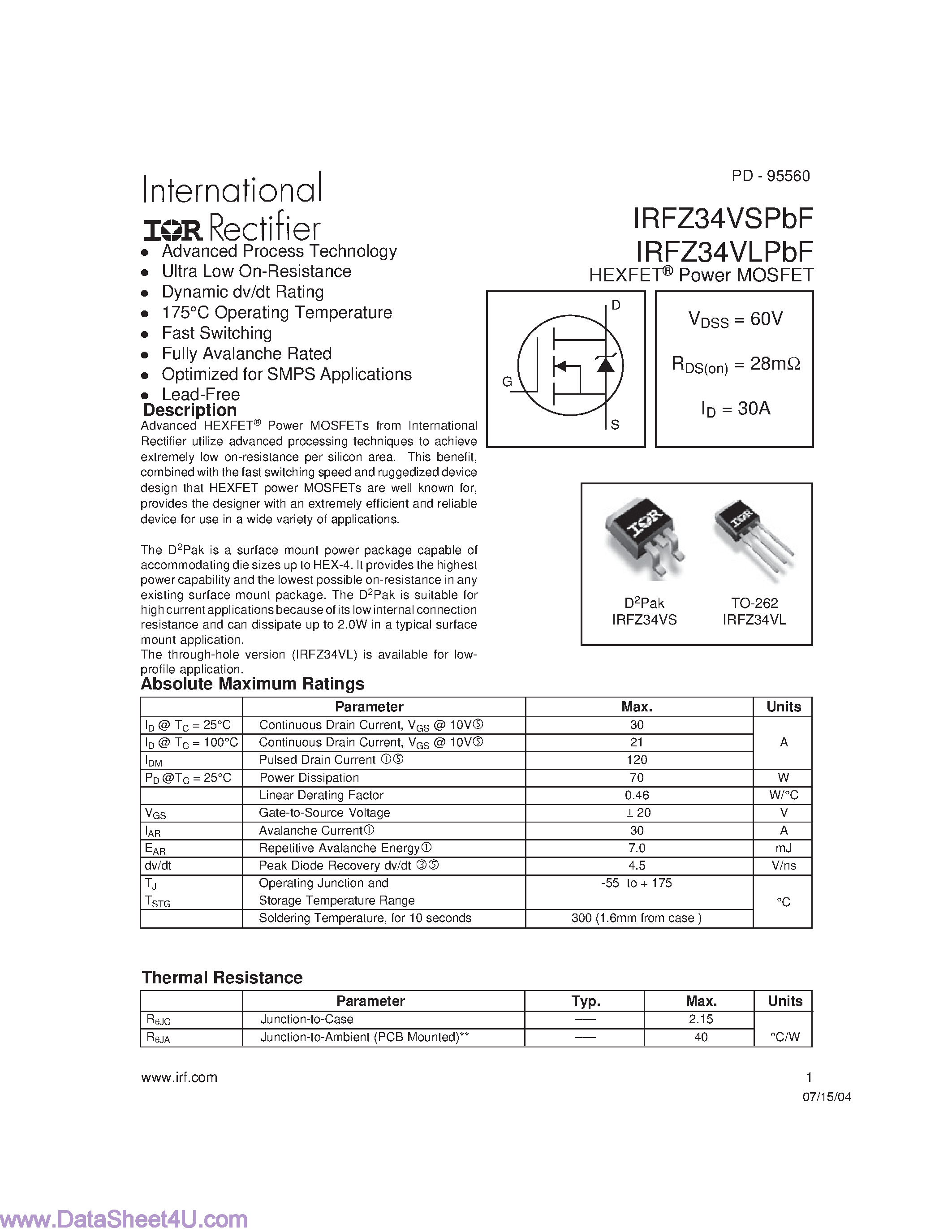 Datasheet IRFZ34VLPBF page 1 Datasheet IRFZ34VLPBF - (IRFZ34VLPBF / IRFZ34VSPBF) Power MOSFET page 1