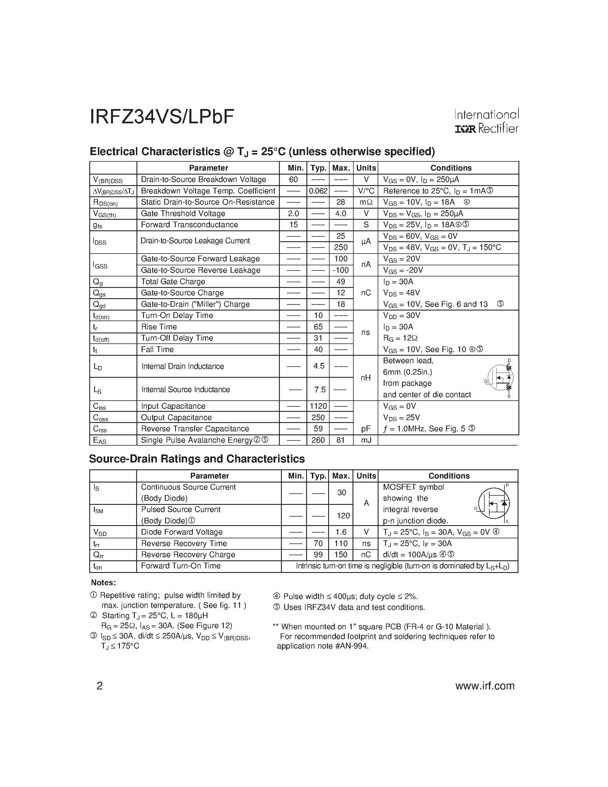 Datasheet IRFZ34VLPBF page 2 Datasheet IRFZ34VLPBF - (IRFZ34VLPBF / IRFZ34VSPBF) Power MOSFET page 2