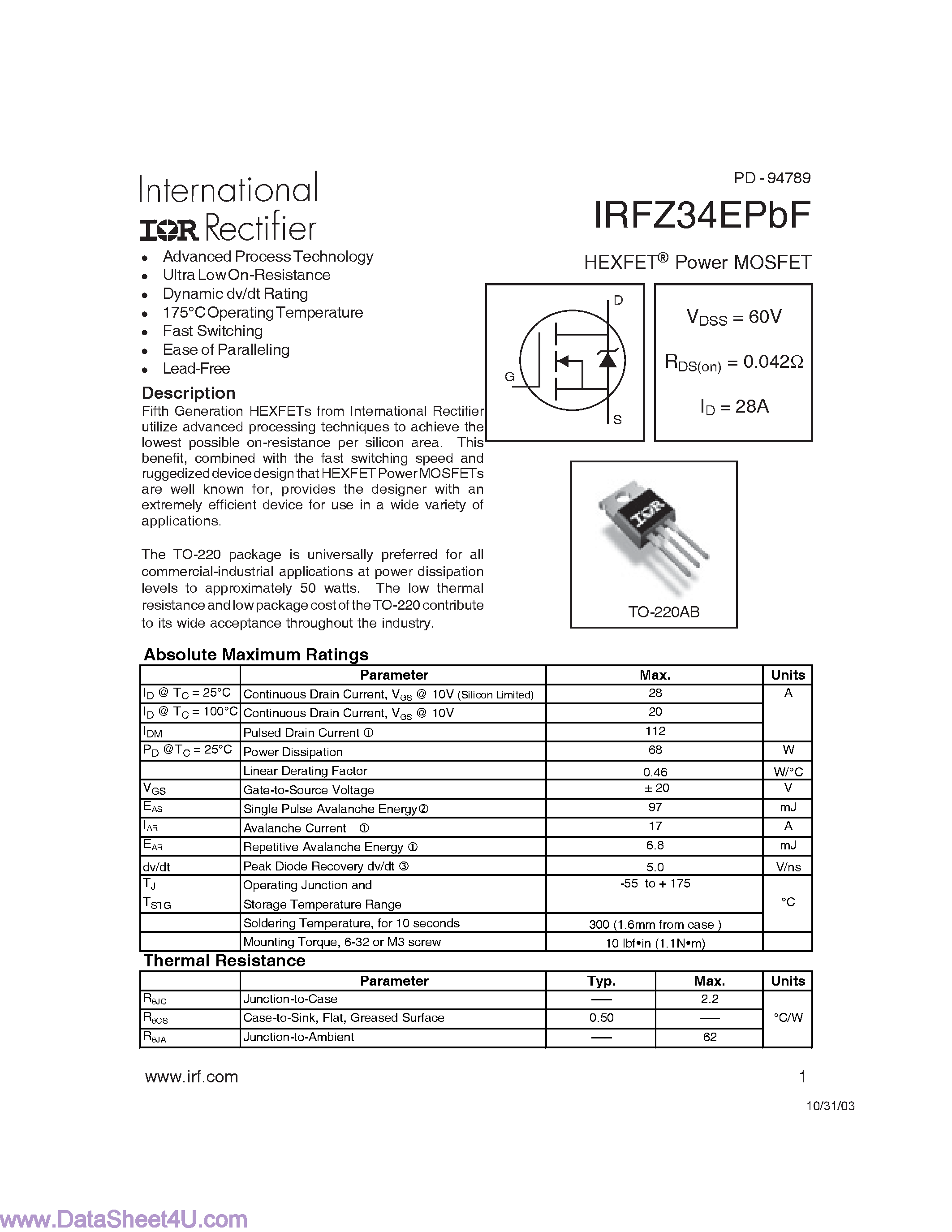 Datasheet IRFZ34EPBF - Power MOSFET page 1