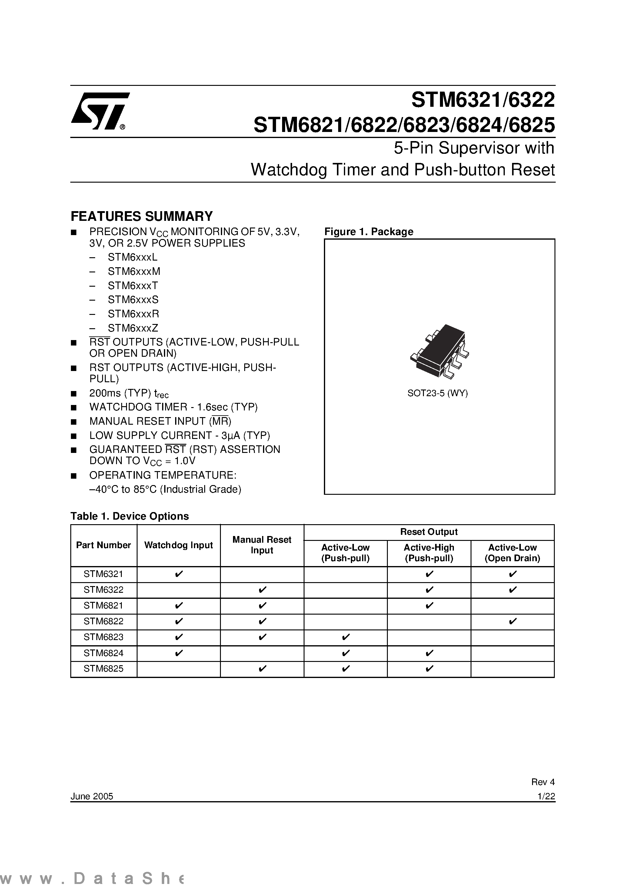 Datasheet STM6321 page 1 Datasheet STM6321 - (STM6xxx) 5-Pin Supervisor with Watchdog Timer and Push-button Reset page 1