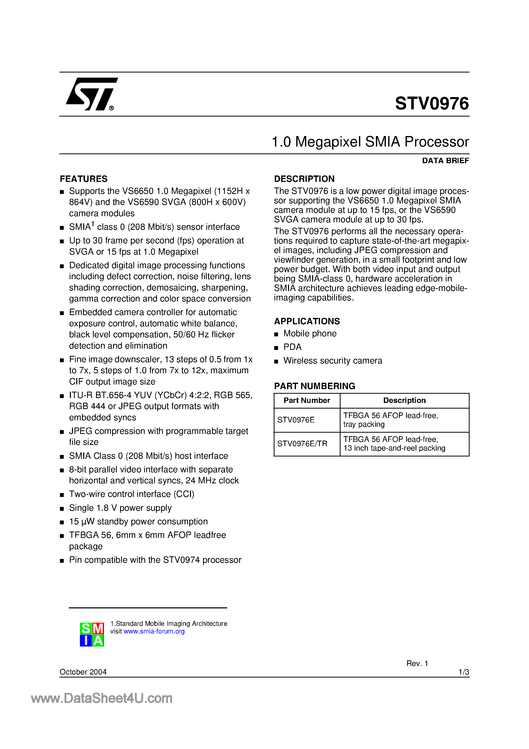 Datasheet STV0976 page 1 Datasheet STV0976 - 1.0 Megapixel SMIA Processor page 1