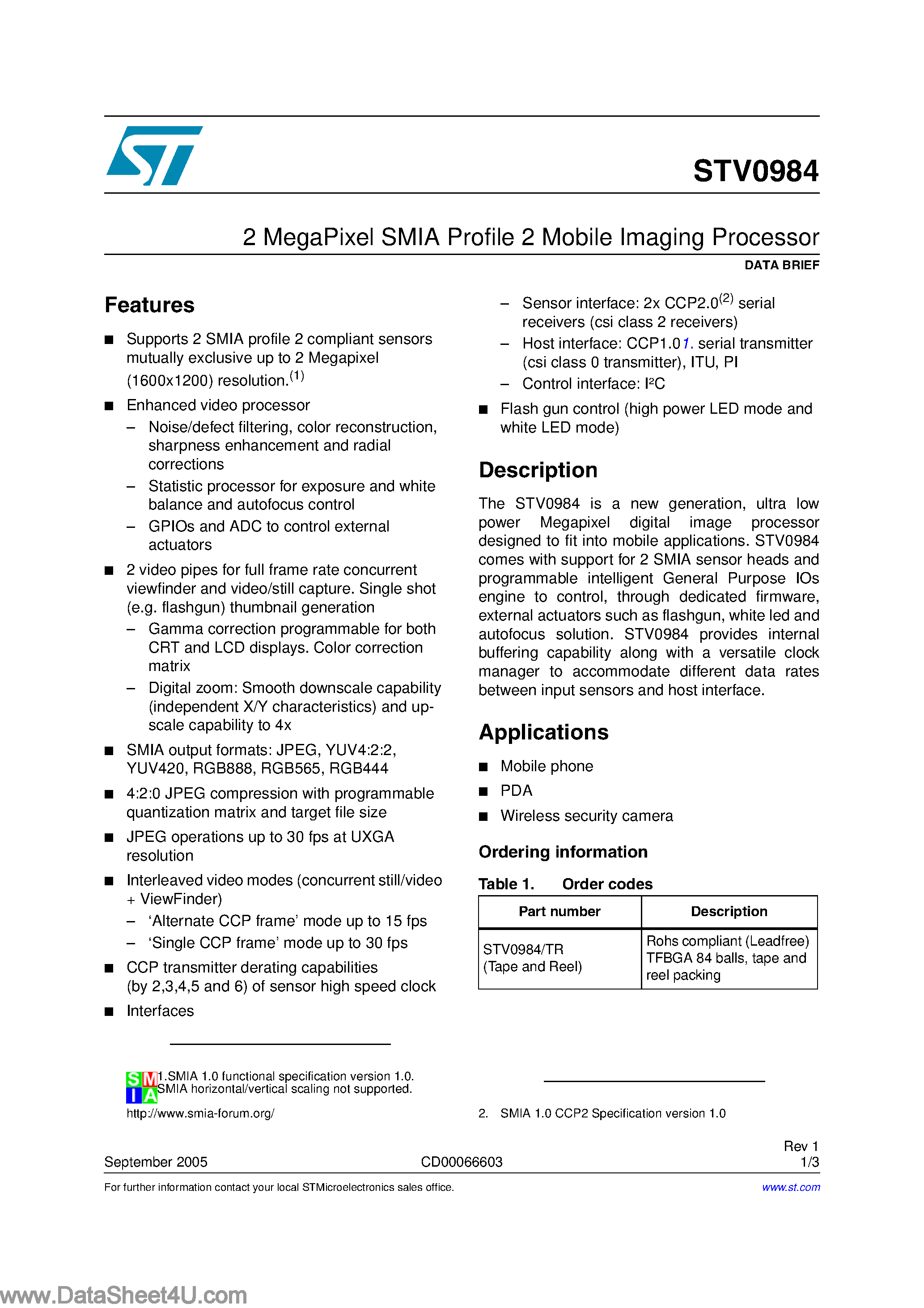 Datasheet STV0984 - 2 MegaPixel SMIA Profile 2 Mobile Imaging Processor page 1