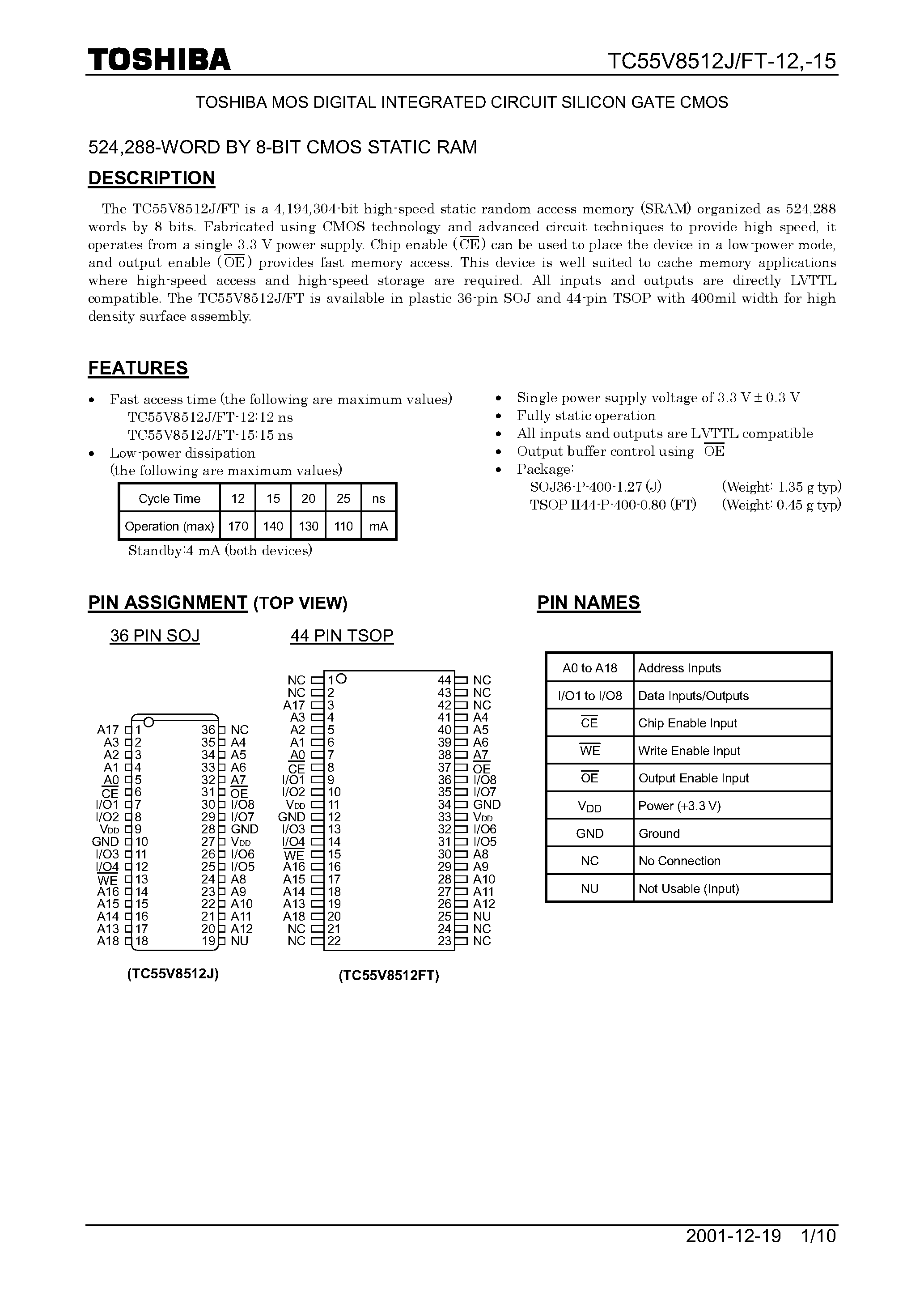 Datasheet TC55V8512FT - (TC55V8512J/FT) 8-Bit CMOS SRAM page 1