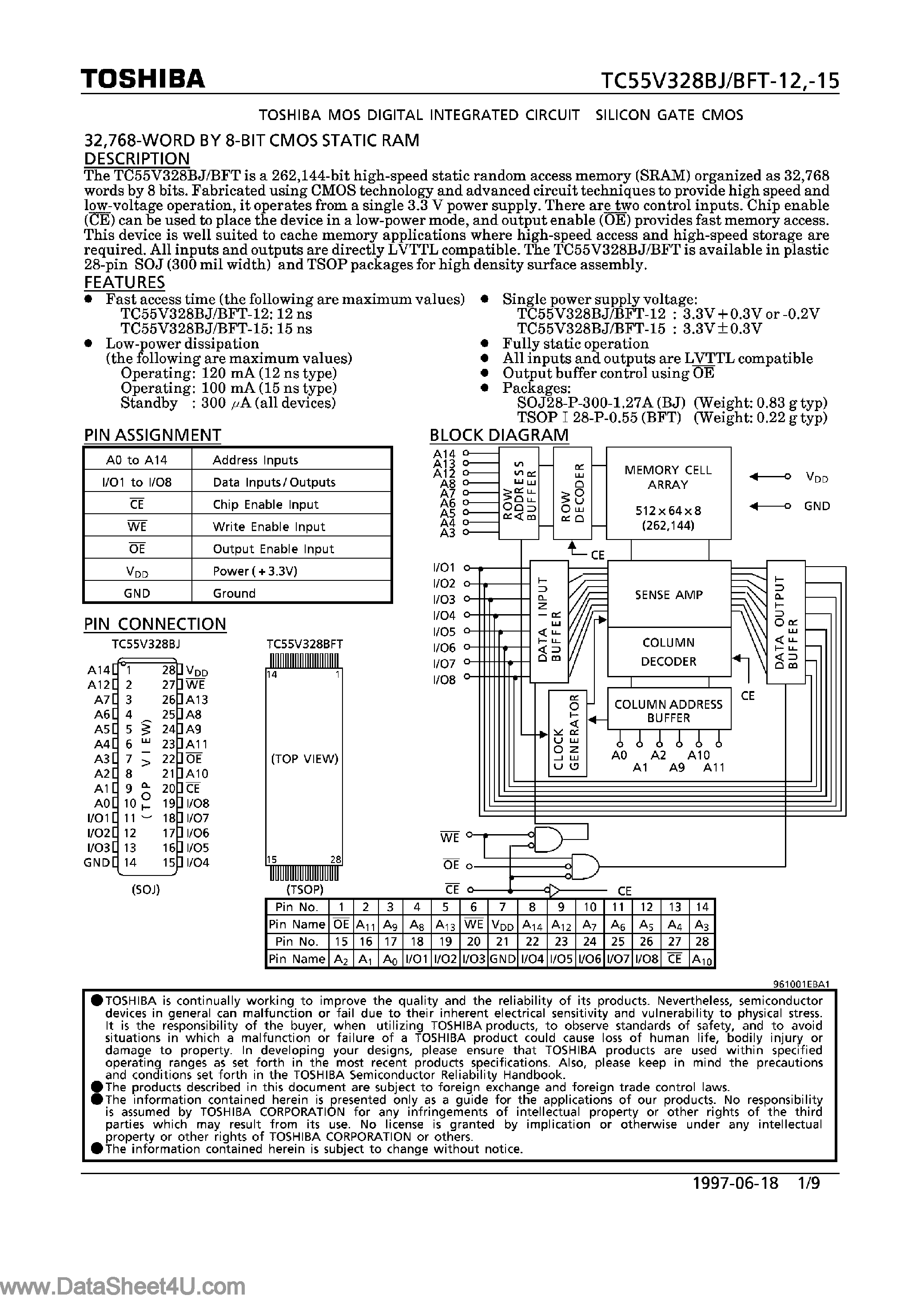 Datasheet TC55V328BFT page 1 Datasheet TC55V328BFT - (TC55V328BJ/BFT) 8-Bit CMOS SRAM page 1