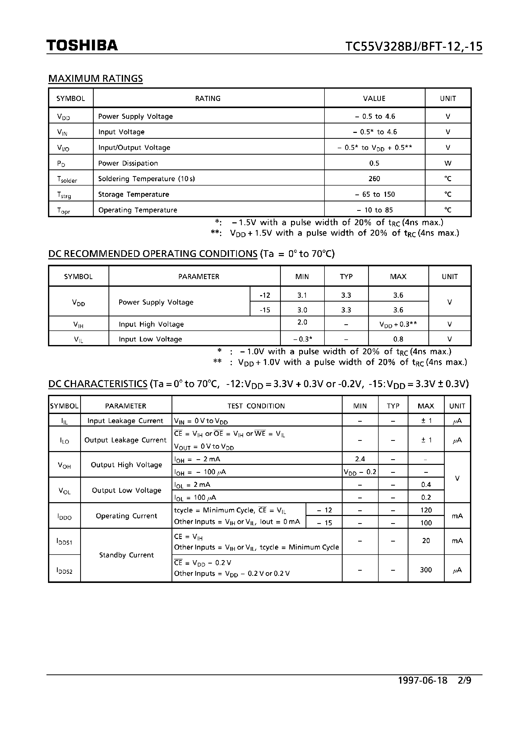 Datasheet TC55V328BFT page 2 Datasheet TC55V328BFT - (TC55V328BJ/BFT) 8-Bit CMOS SRAM page 2