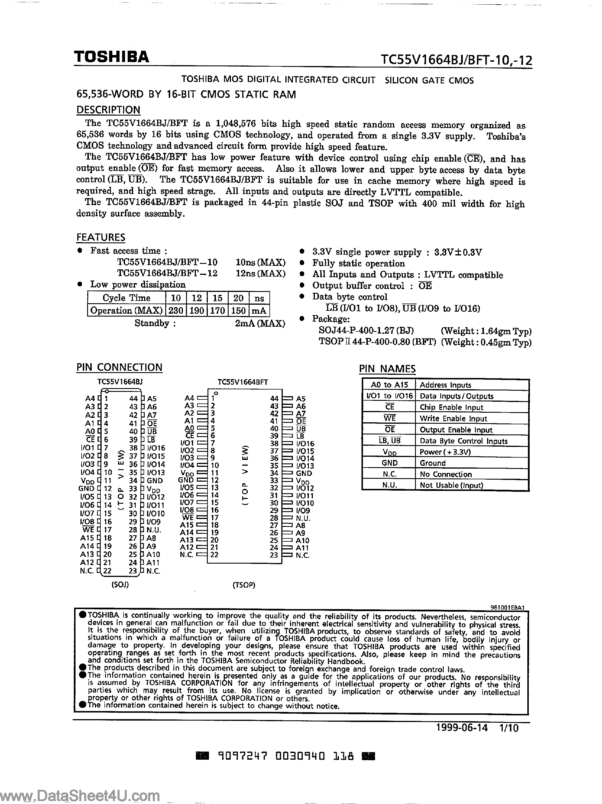 Datasheet TC55V1664BFT - (TC55V1664BJ/BFT) 16-Bit CMOS SRAM page 1