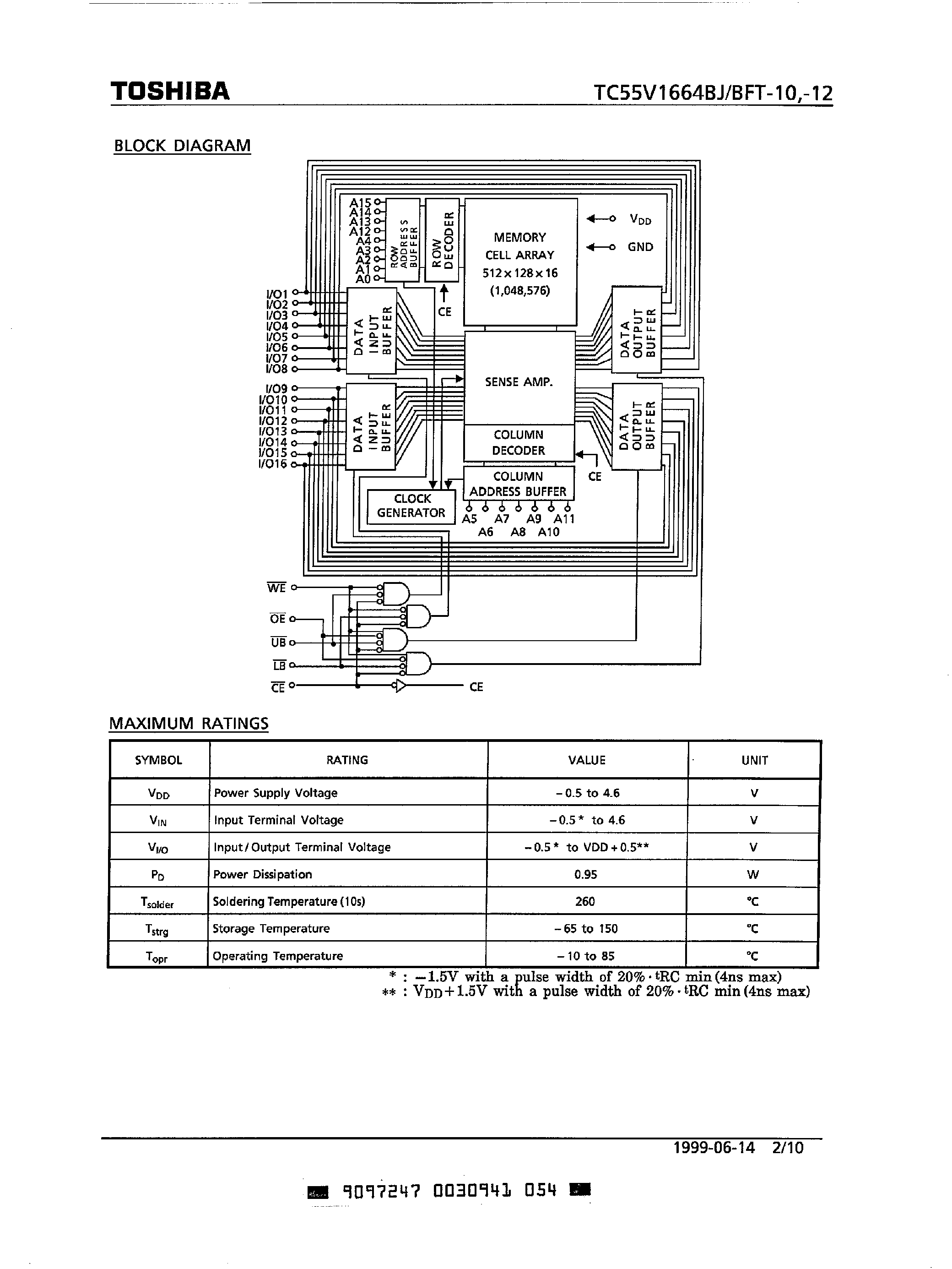Datasheet TC55V1664BFT - (TC55V1664BJ/BFT) 16-Bit CMOS SRAM page 2