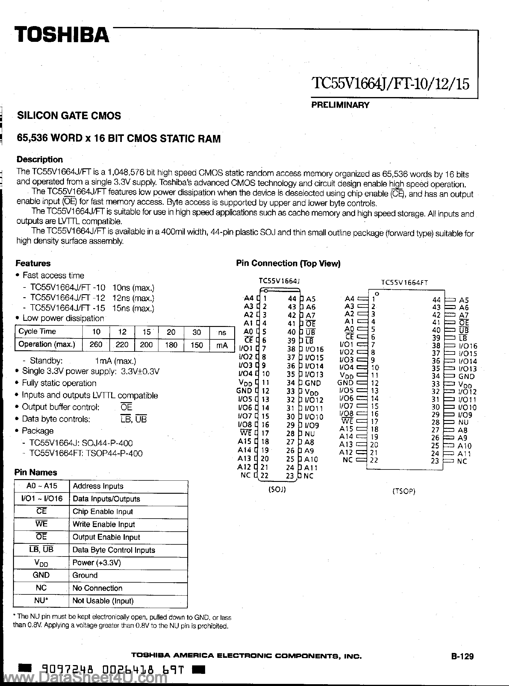 Datasheet TC55V1664J - (TC55V1664J/FT) 16-Bit CMOS SRAM page 1