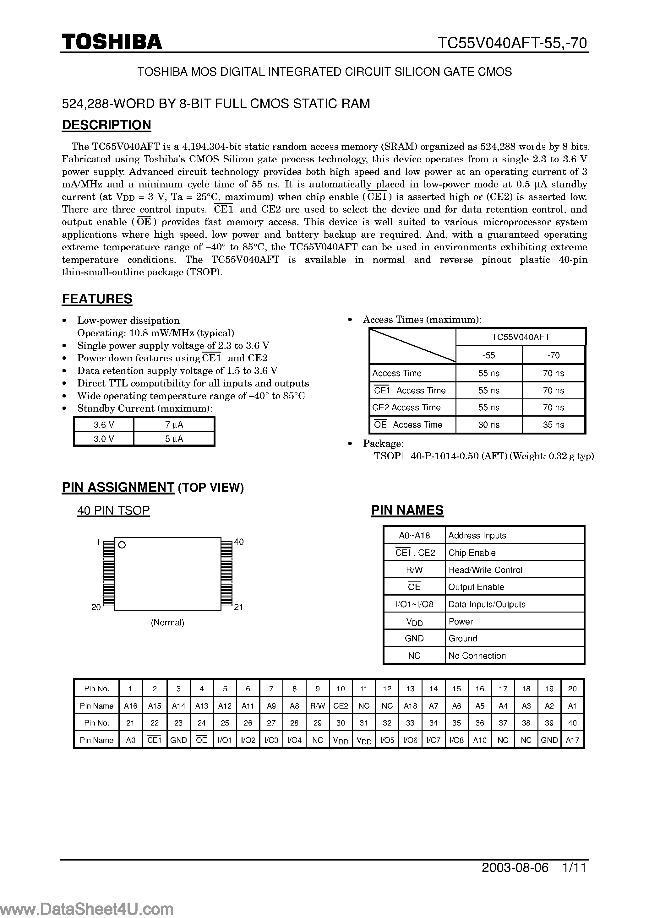 Даташит TC55V040AFT - 8-Bit FULL CMOS SRAM страница 1