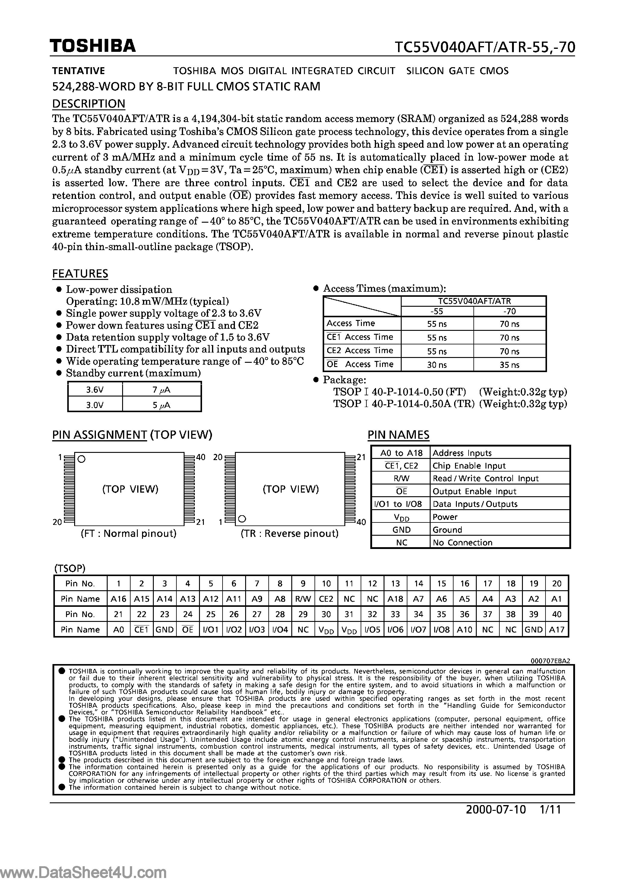 Datasheet TC55V040AFT page 1 Datasheet TC55V040AFT - (TC55V040ATR/AFT) 8-Bit FULL CMOS SRAM page 1