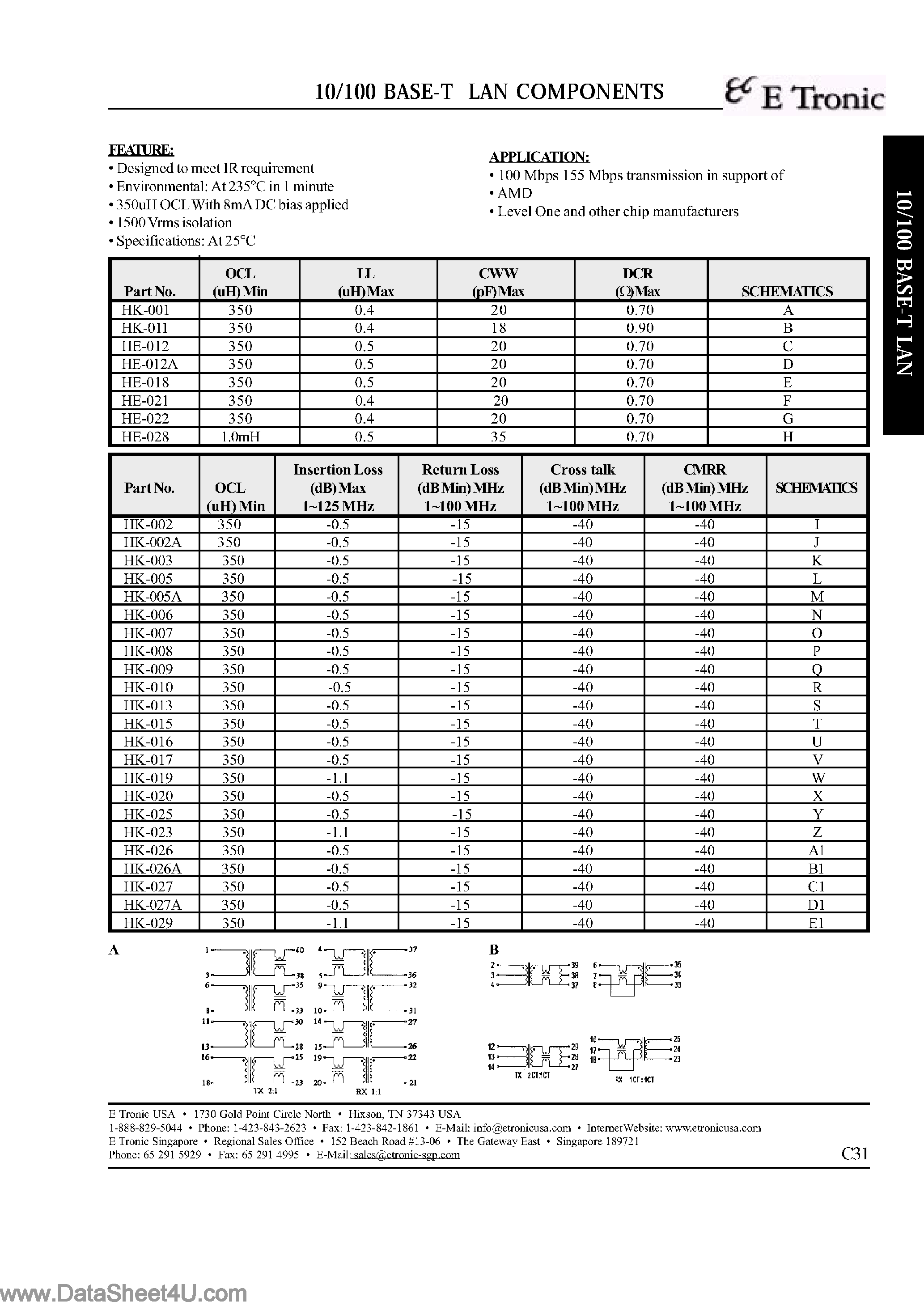 Datasheet HK-0xx - (HK-xxx) 10/100 BASE-T LAN COMPONENTS page 1