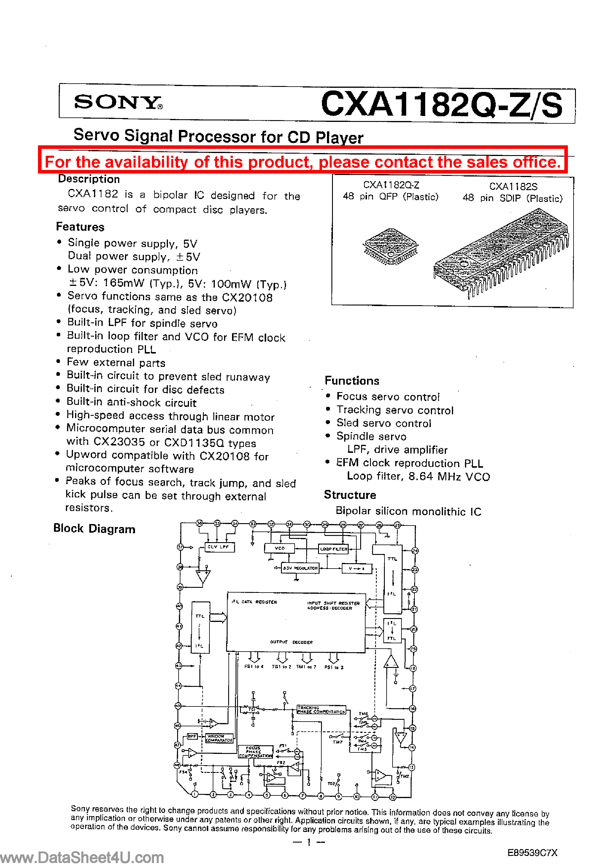 Datasheet CXA1182Q - Servo Signal Processor page 1