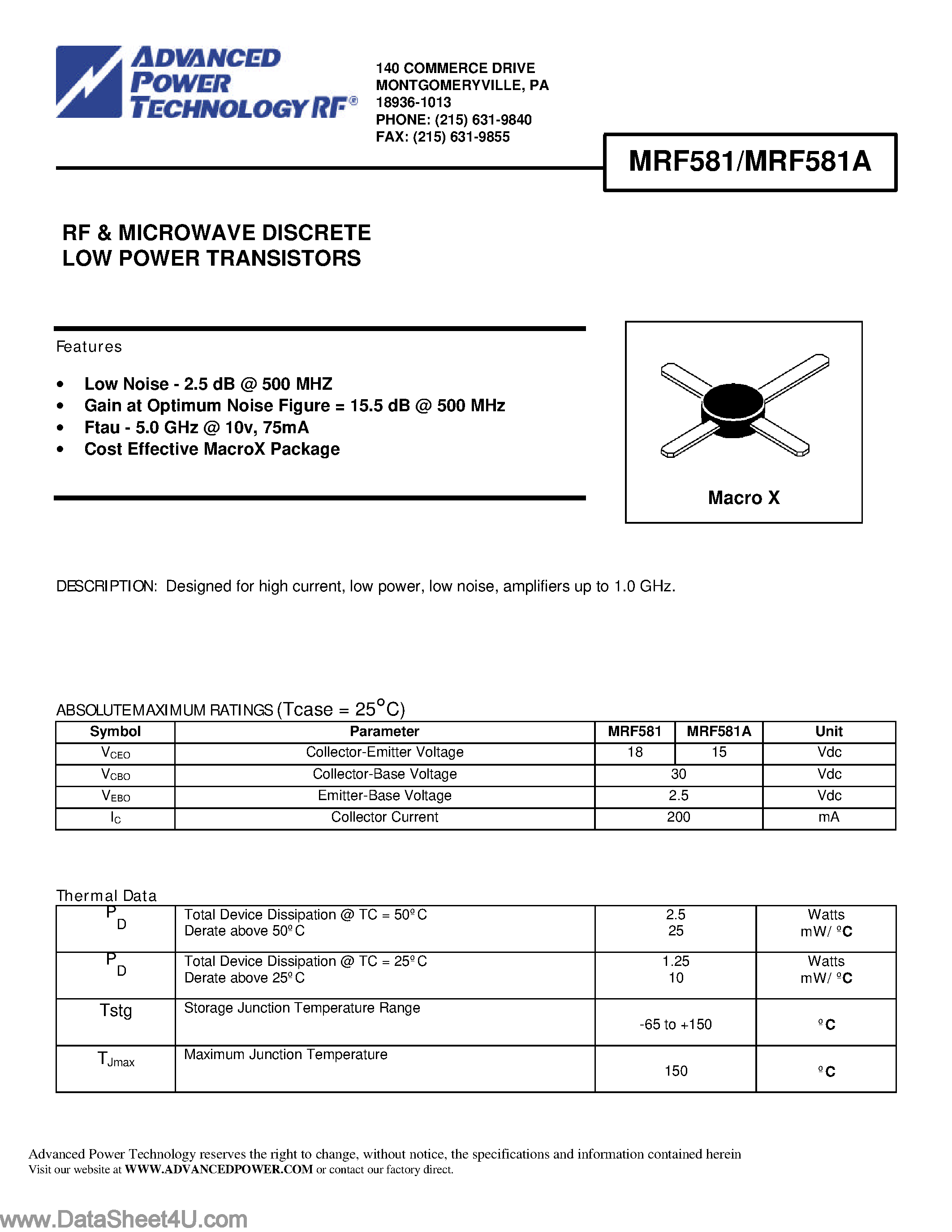 Datasheet MRF581A - RF and Microwave Discrete Low Power Power Transistors page 1