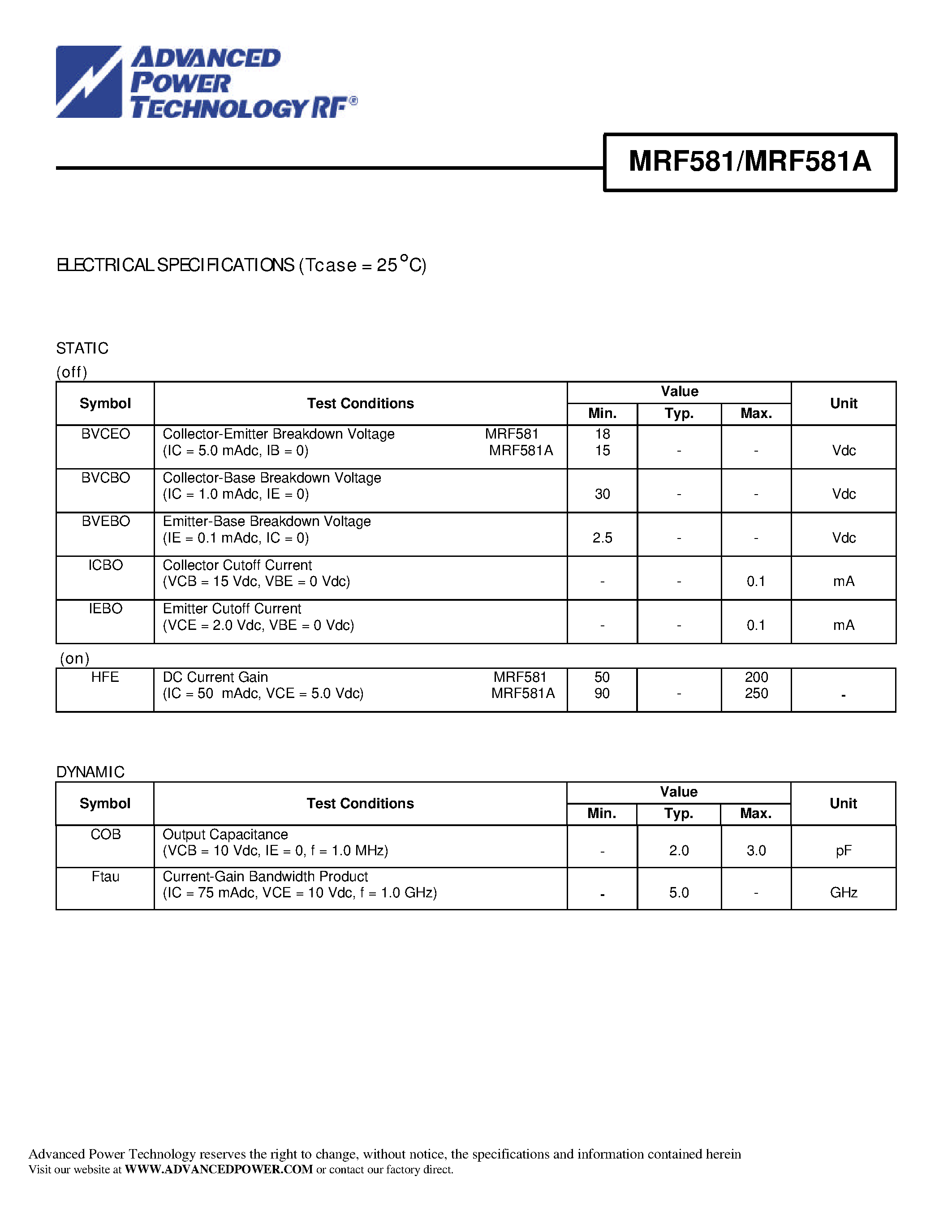 Datasheet MRF581A - RF and Microwave Discrete Low Power Power Transistors page 2