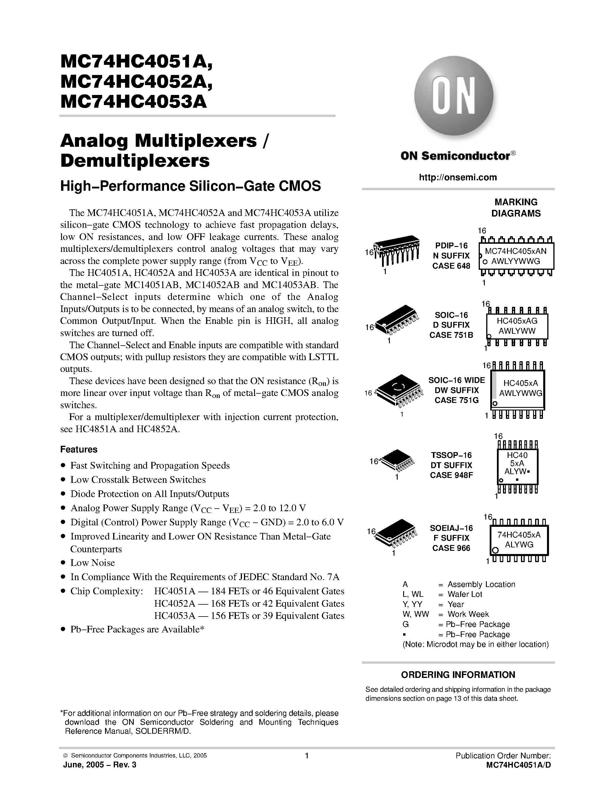 Даташит MC74HC4051A - (MC74HC4051A - MC74HC4053A) Analog Multiplexers/Demultiplexers страница 1