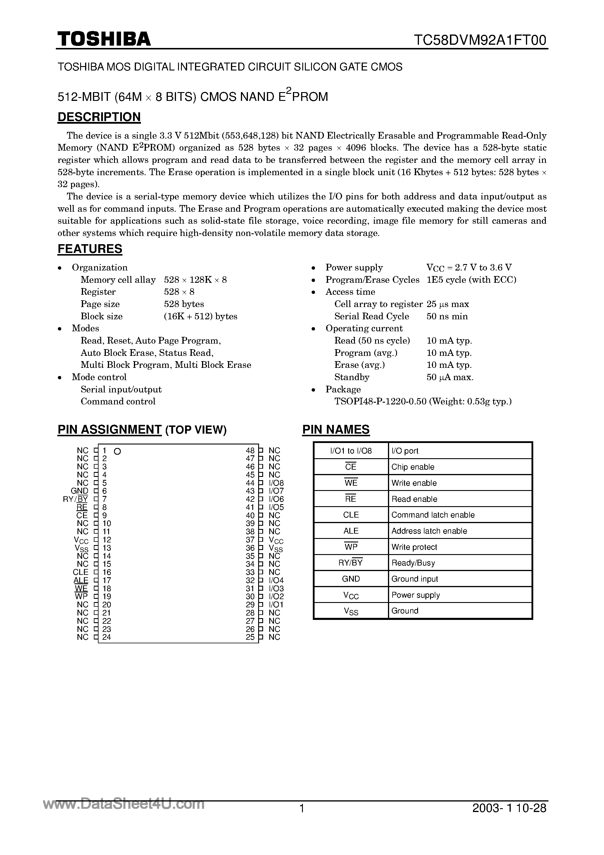 Datasheet TC58DVM92A1FT00 page 1 Datasheet TC58DVM92A1FT00 - 512M-Bit CMOS NAND EPROM page 1