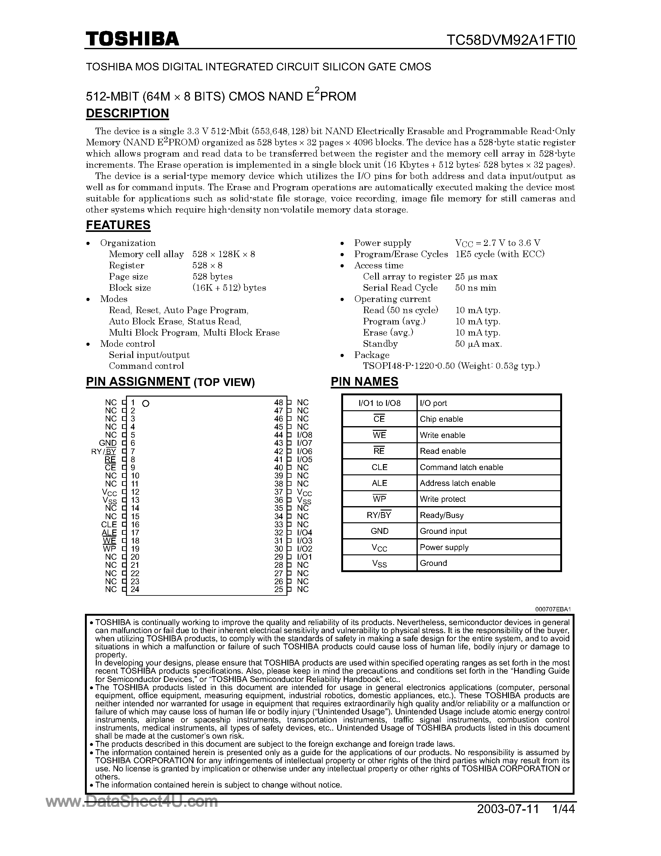 Datasheet TC58DVM92A1FT0 page 1 Datasheet TC58DVM92A1FT0 - 512M-Bit CMOS NAND EPROM page 1