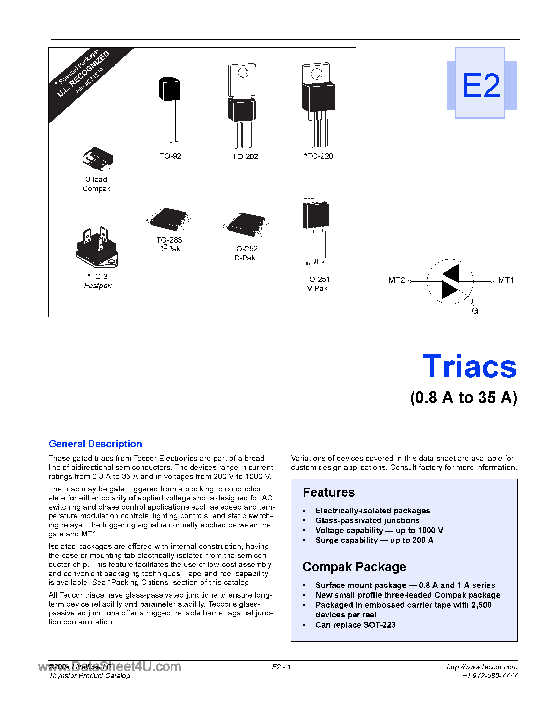 Datasheet Q2006F41 page 1 Datasheet Q2006F41 - Triacs (0.8 A to 35 A) page 1