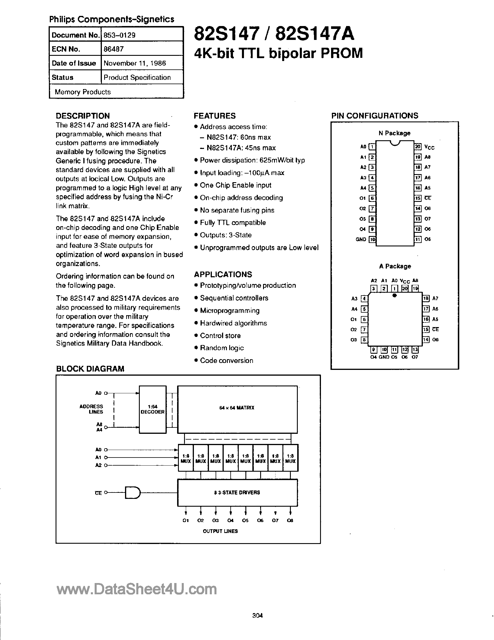 Datasheet 82S147 - 4K-BIT TTL BIPLOAR PROM page 1