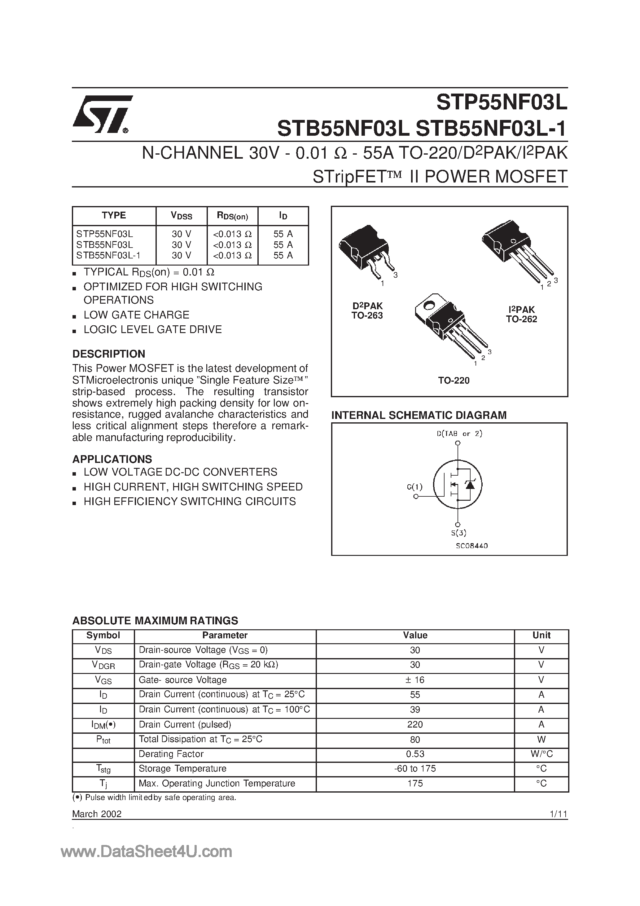 Даташит STP55NF03L - N-CHANNEL 30V - 0.01 W - 55A TO-220/D2PAK/I2PAK STripFET II POWER MOSFET страница 1