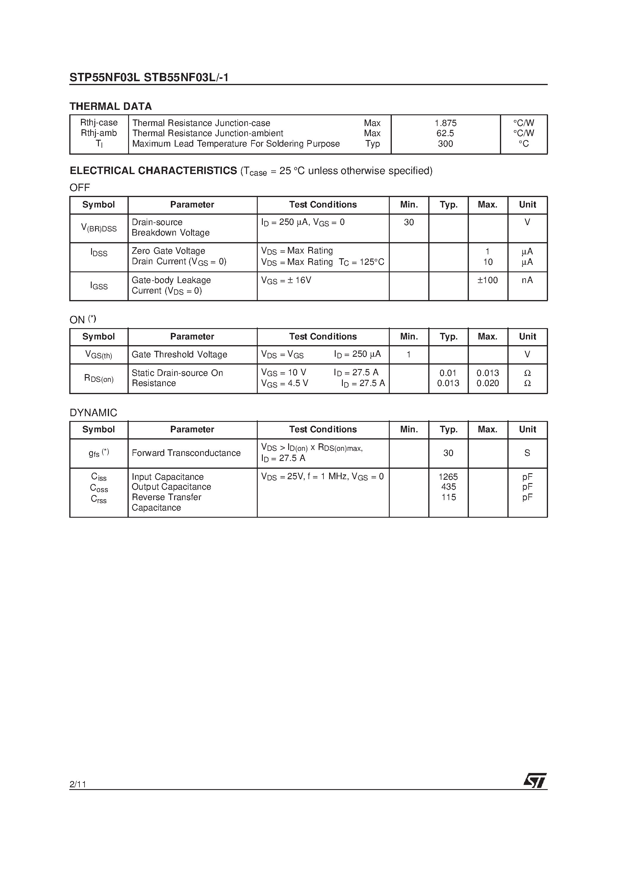 Даташит STP55NF03L - N-CHANNEL 30V - 0.01 W - 55A TO-220/D2PAK/I2PAK STripFET II POWER MOSFET страница 2