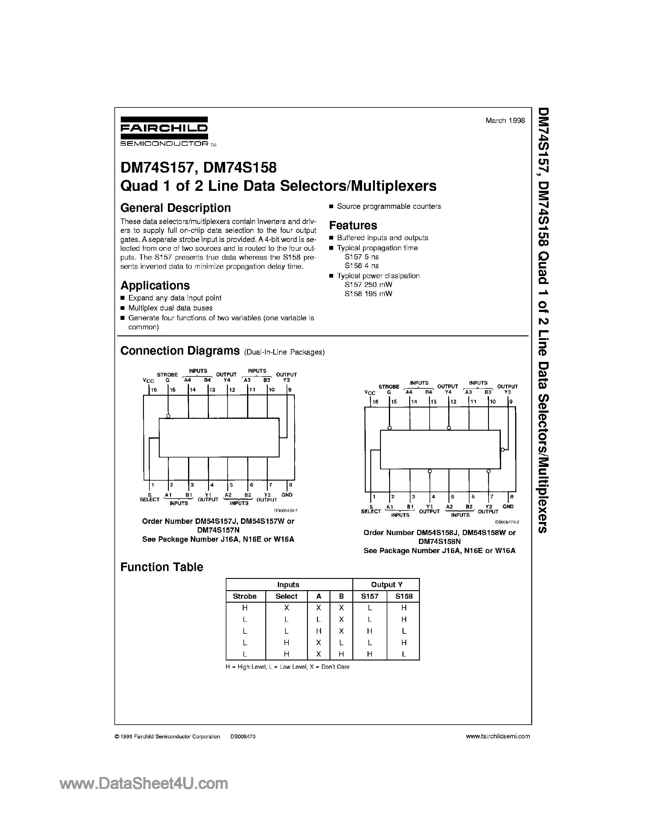 Datasheet 74S157 - (74S157 / 74S158) Quad 1 of 2 Line Data Selectors / Multiplexers page 1