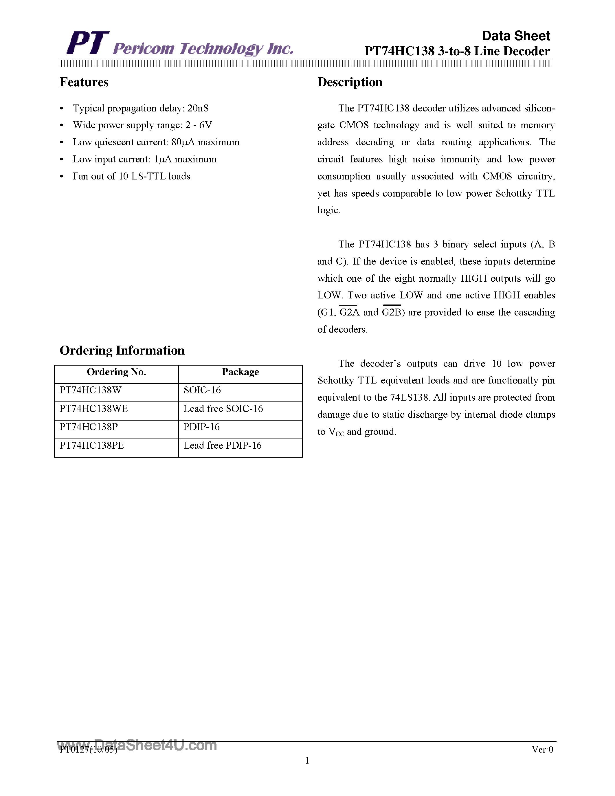 Datasheet PT74HC138 - 3-to-8 Line Decoder page 1